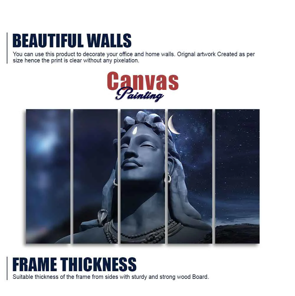 Adiyogi Shiva Statue Canvas Wall Painting of Five Pieces - Image 5