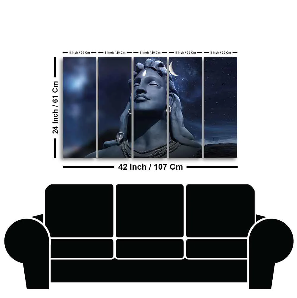 Adiyogi Shiva Statue Canvas Wall Painting of Five Pieces - Image 6