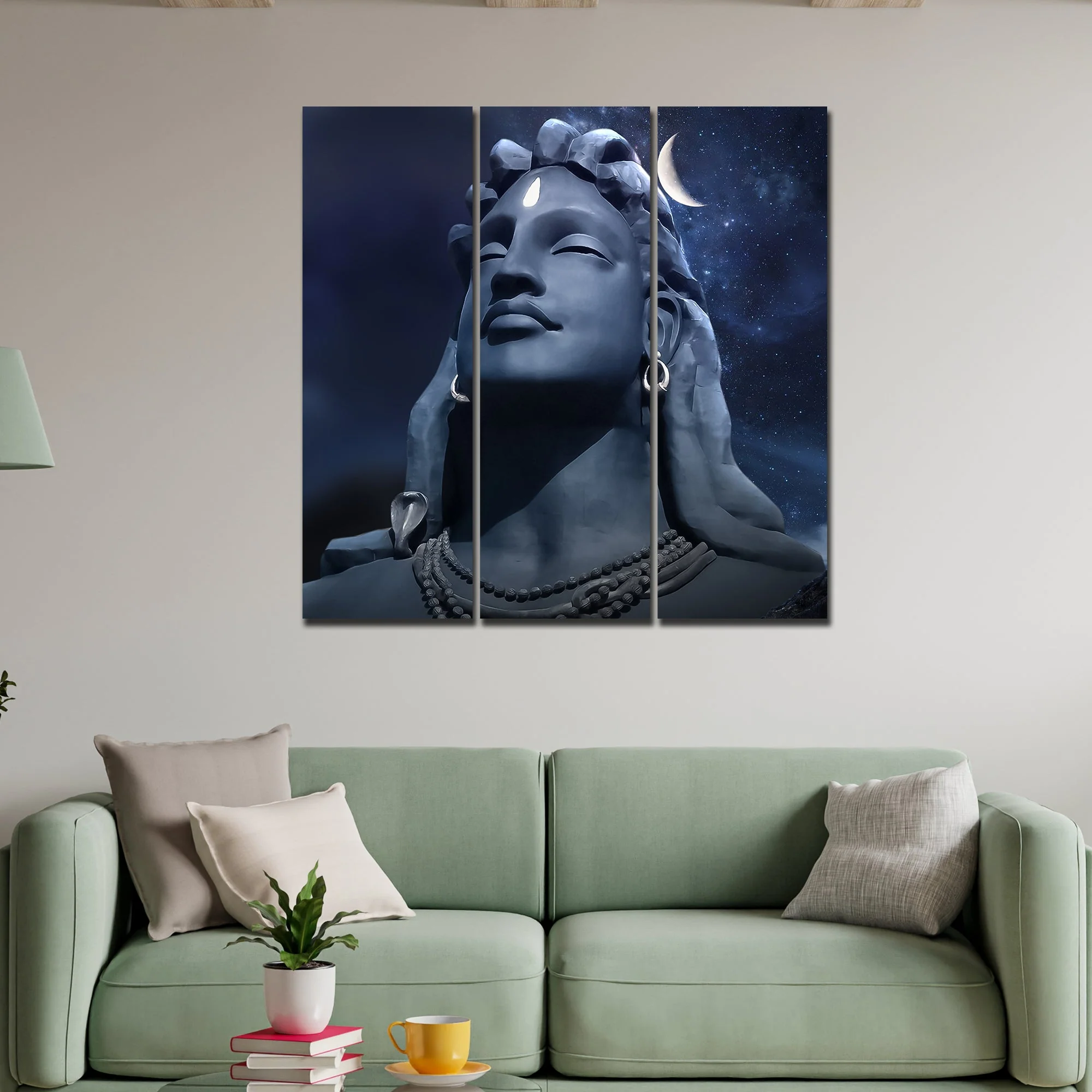 Adiyogi Shiva Statue Canvas Wall Painting of Three Pieces - Image 2