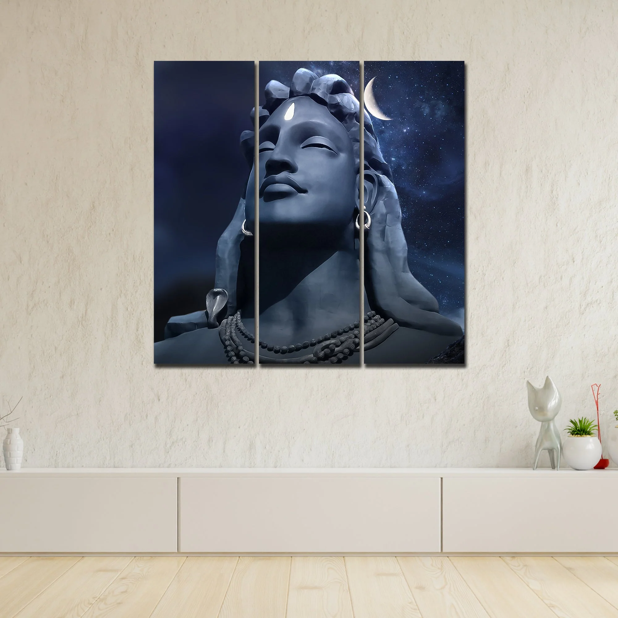 Adiyogi Shiva Statue Canvas Wall Painting of Three Pieces - Image 3