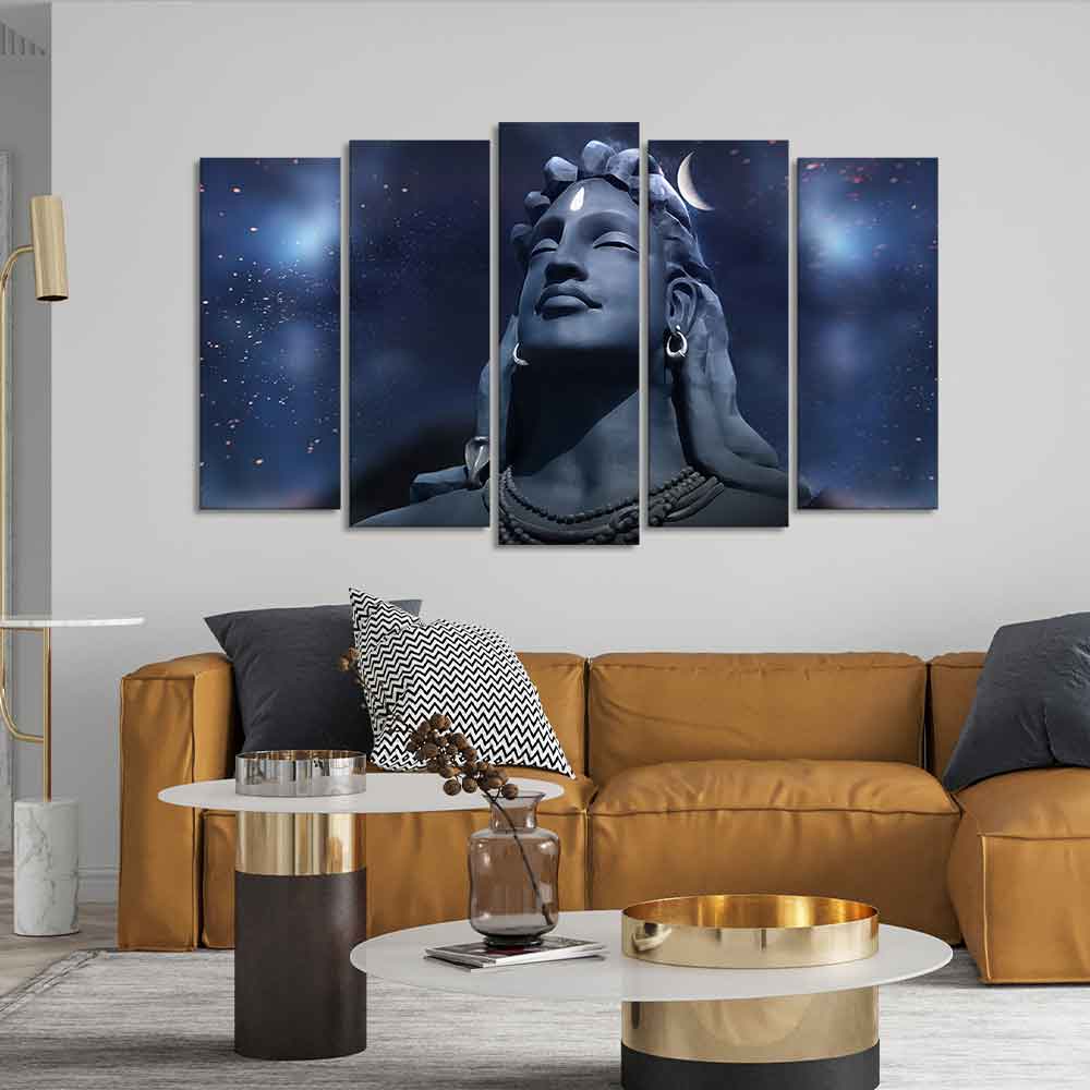 Adiyogi Shiva Statue Canvas Wall Painting Set of Five Pieces - Image 3