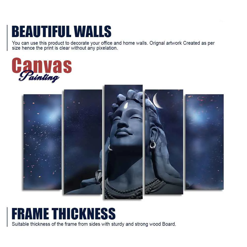 Adiyogi Shiva Statue Canvas Wall Painting Set of Five Pieces - Image 4