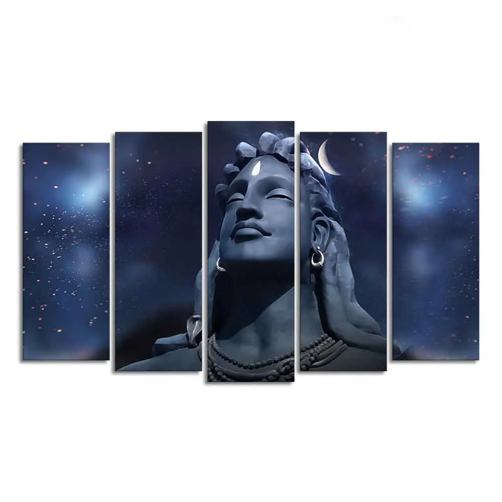 Adiyogi Shiva Statue Canvas Wall Painting Set of Five Pieces - Image 5