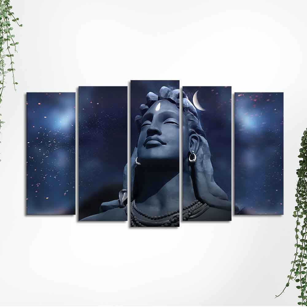 Adiyogi Shiva Statue Canvas Wall Painting Set of Five Pieces - Image 6