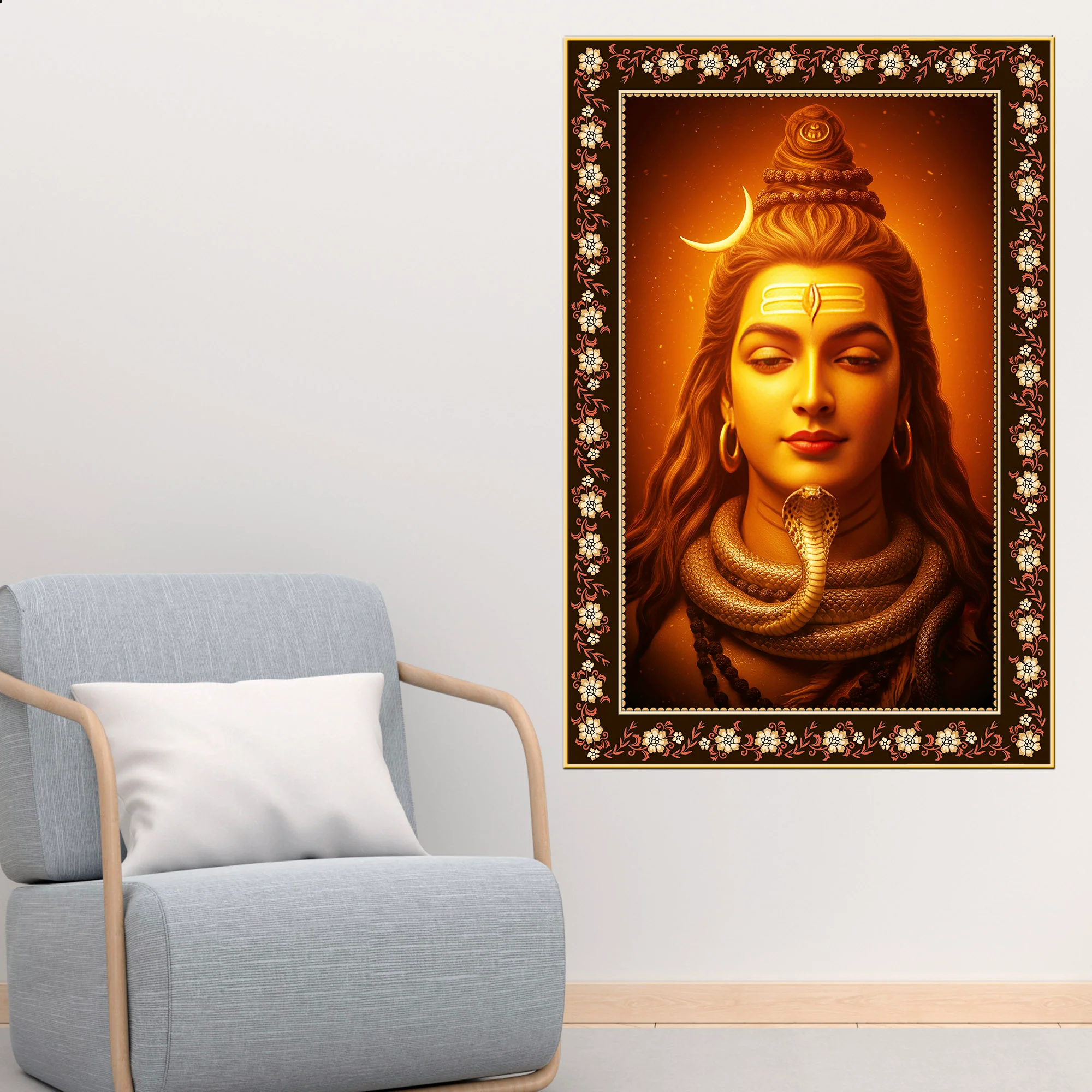 Adiyogi Shiva with Moon Floral Border Vertical Wall Painting - Image 2