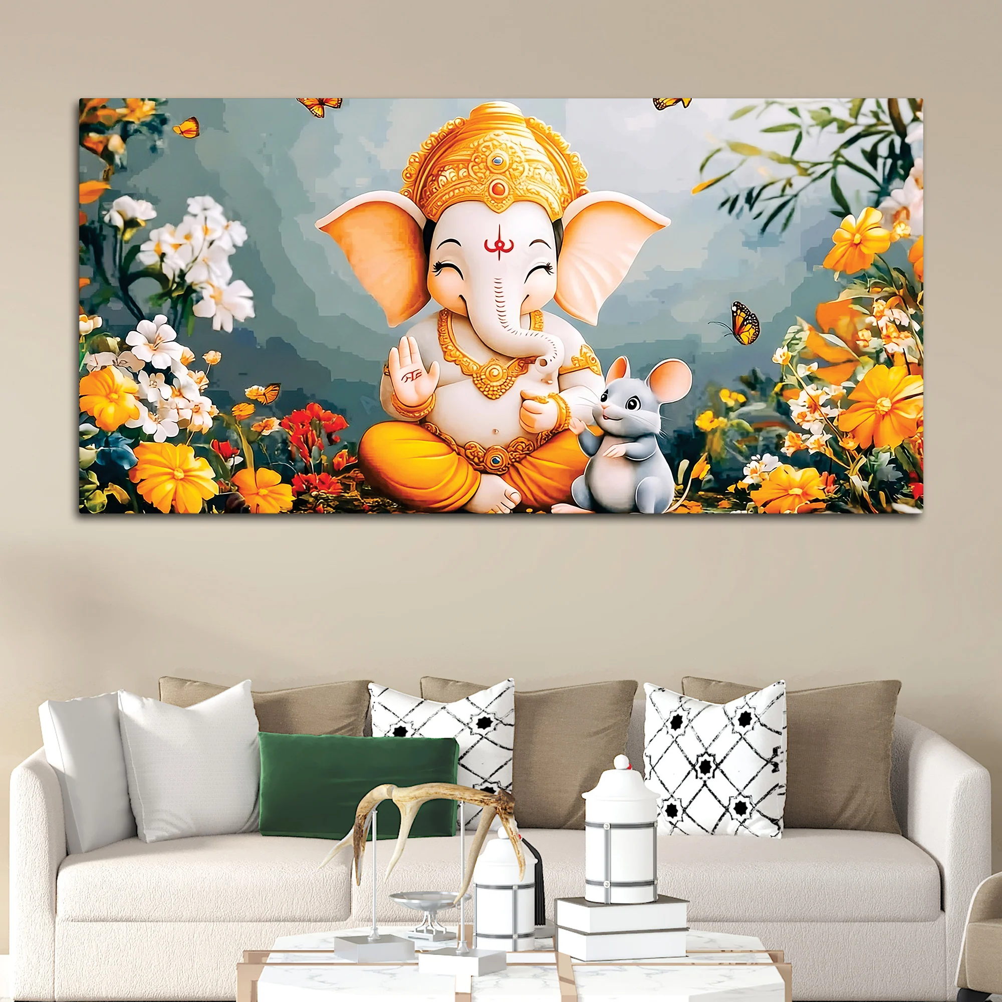 Adorable Bal Ganesha Sitted with Mooshak Giving Blessings Canvas Wall Painting for Home & Office – Spiritual Wall Art for Home Decor - Image 2