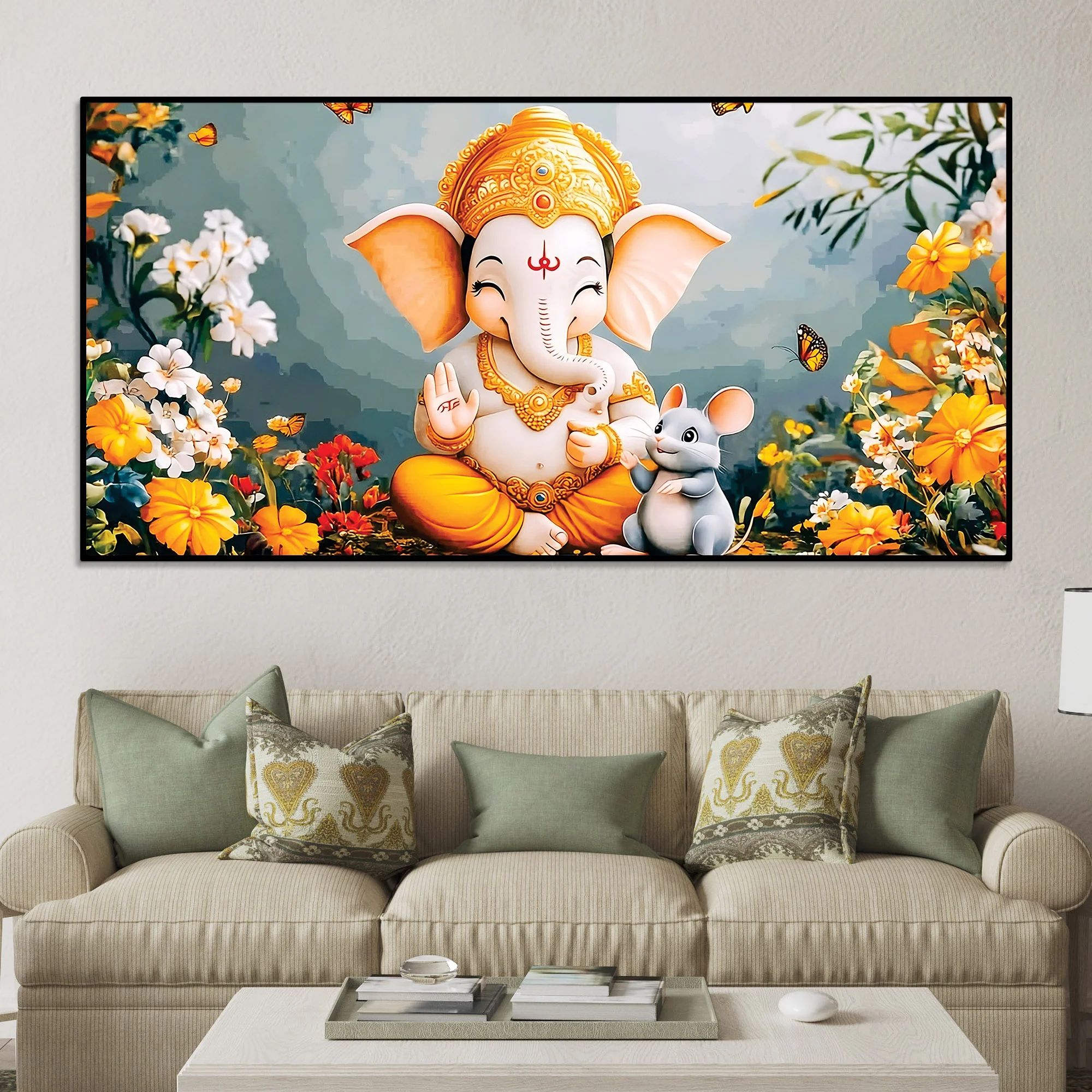 Adorable Bal Ganesha Sitted with Mooshak Giving Blessings Canvas Wall Painting for Home & Office – Spiritual Wall Art for Home Decor - Image 3