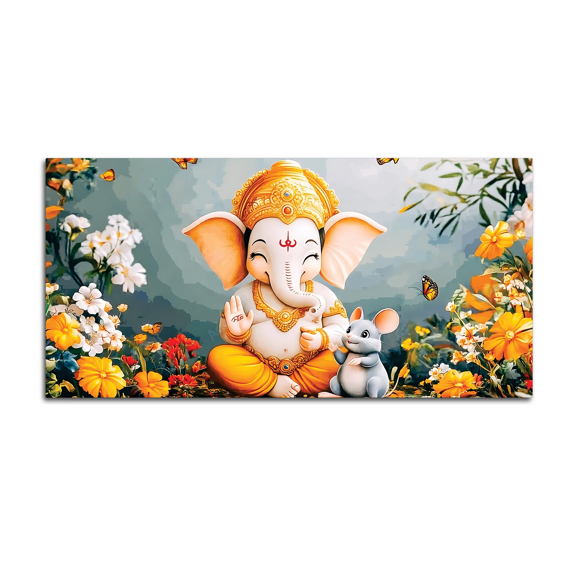 Adorable Bal Ganesha Sitted with Mooshak Giving Blessings Canvas Wall Painting for Home & Office – Spiritual Wall Art for Home Decor - Image 4