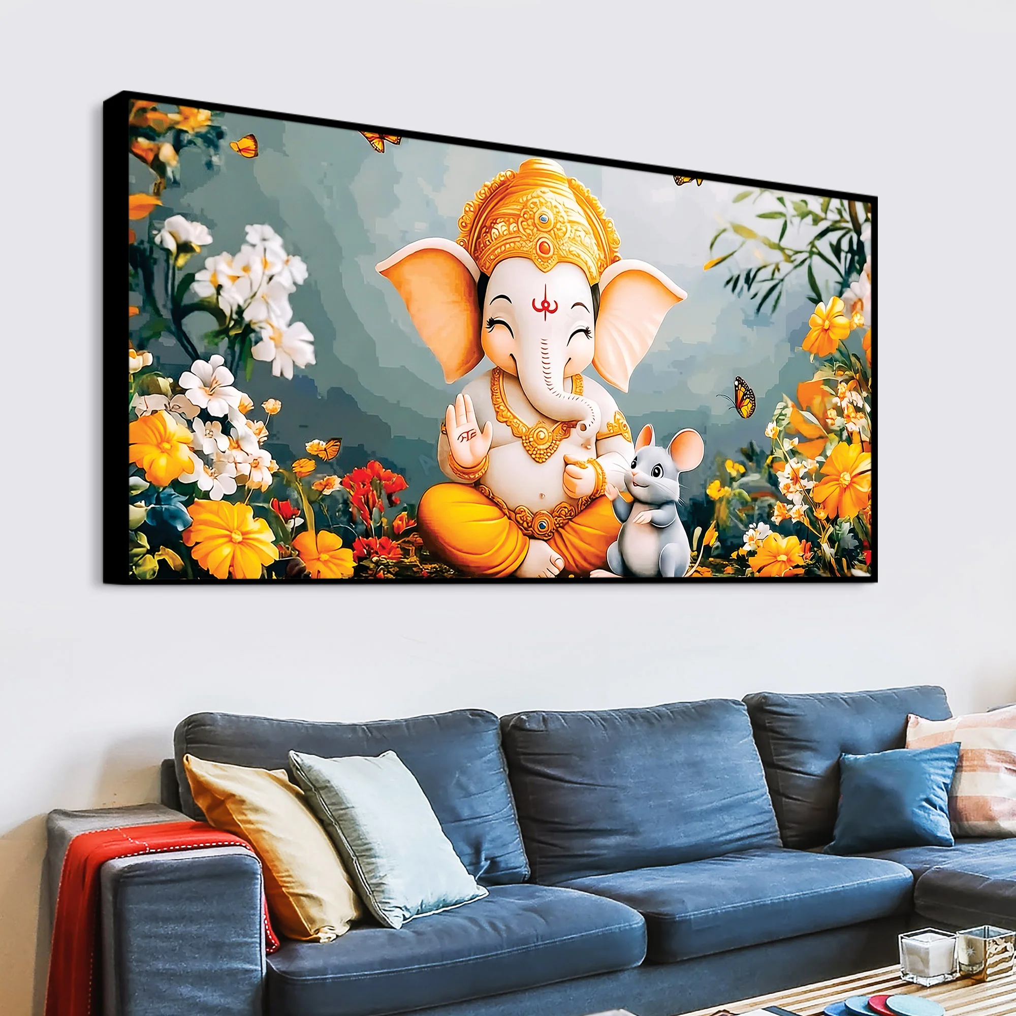 Adorable Bal Ganesha Sitted with Mooshak Giving Blessings Canvas Wall Painting for Home & Office – Spiritual Wall Art for Home Decor - Image 5