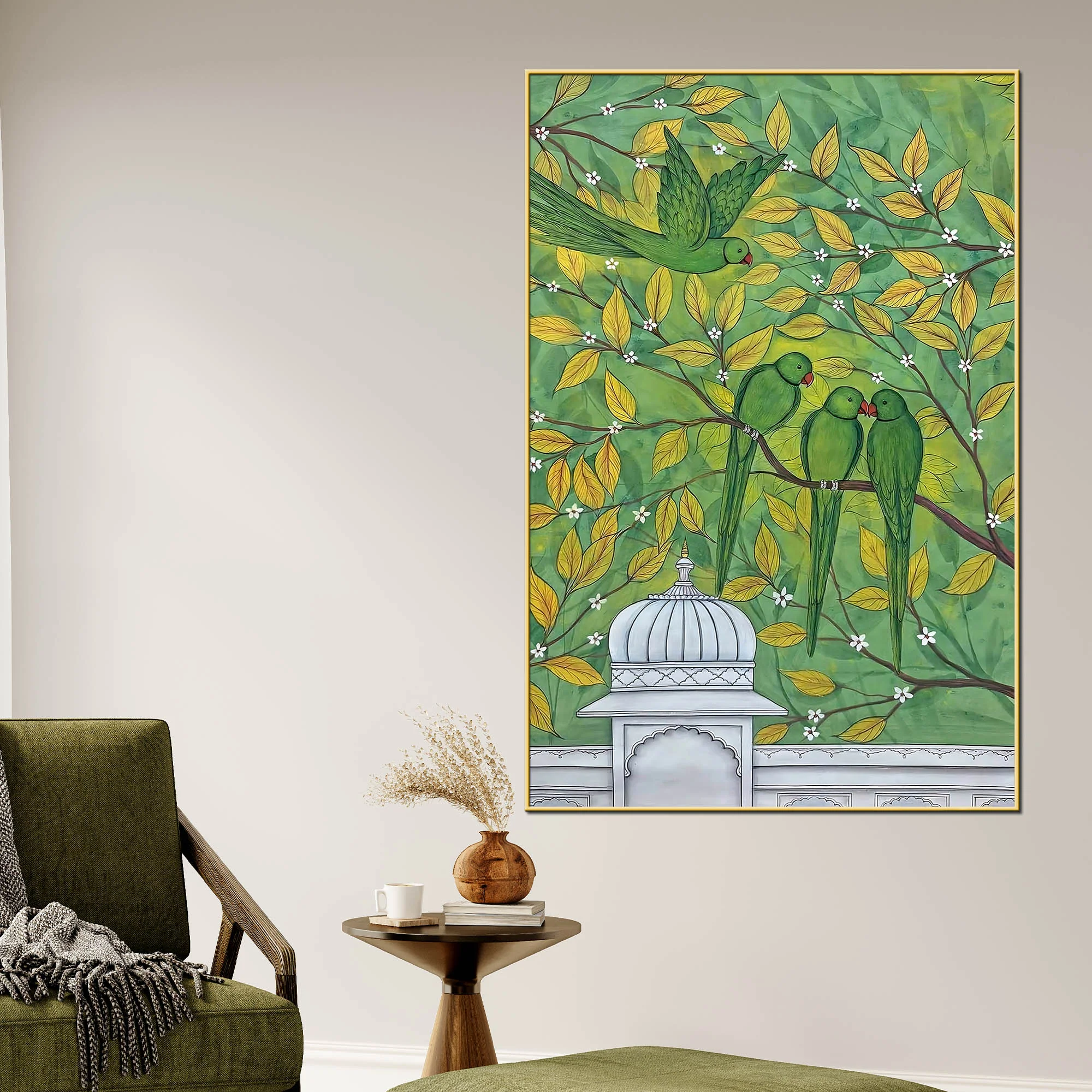 Adorable Green Parrots on Tree Branch Pichwai Style Canvas Wall Painting - Image 2