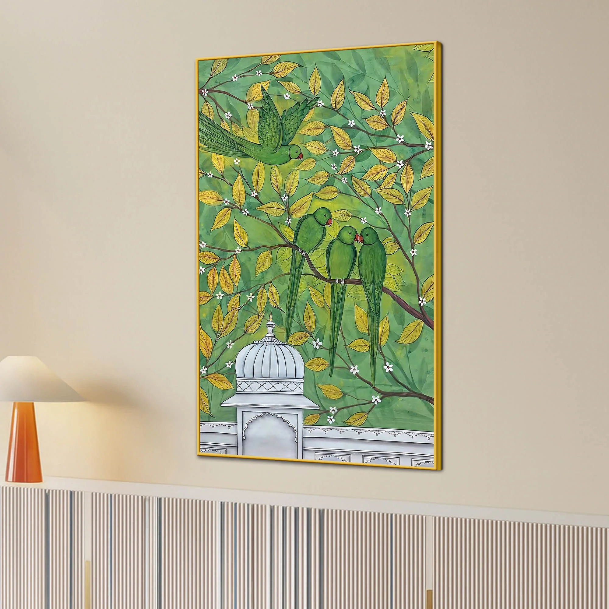 Adorable Green Parrots on Tree Branch Pichwai Style Canvas Wall Painting - Image 3