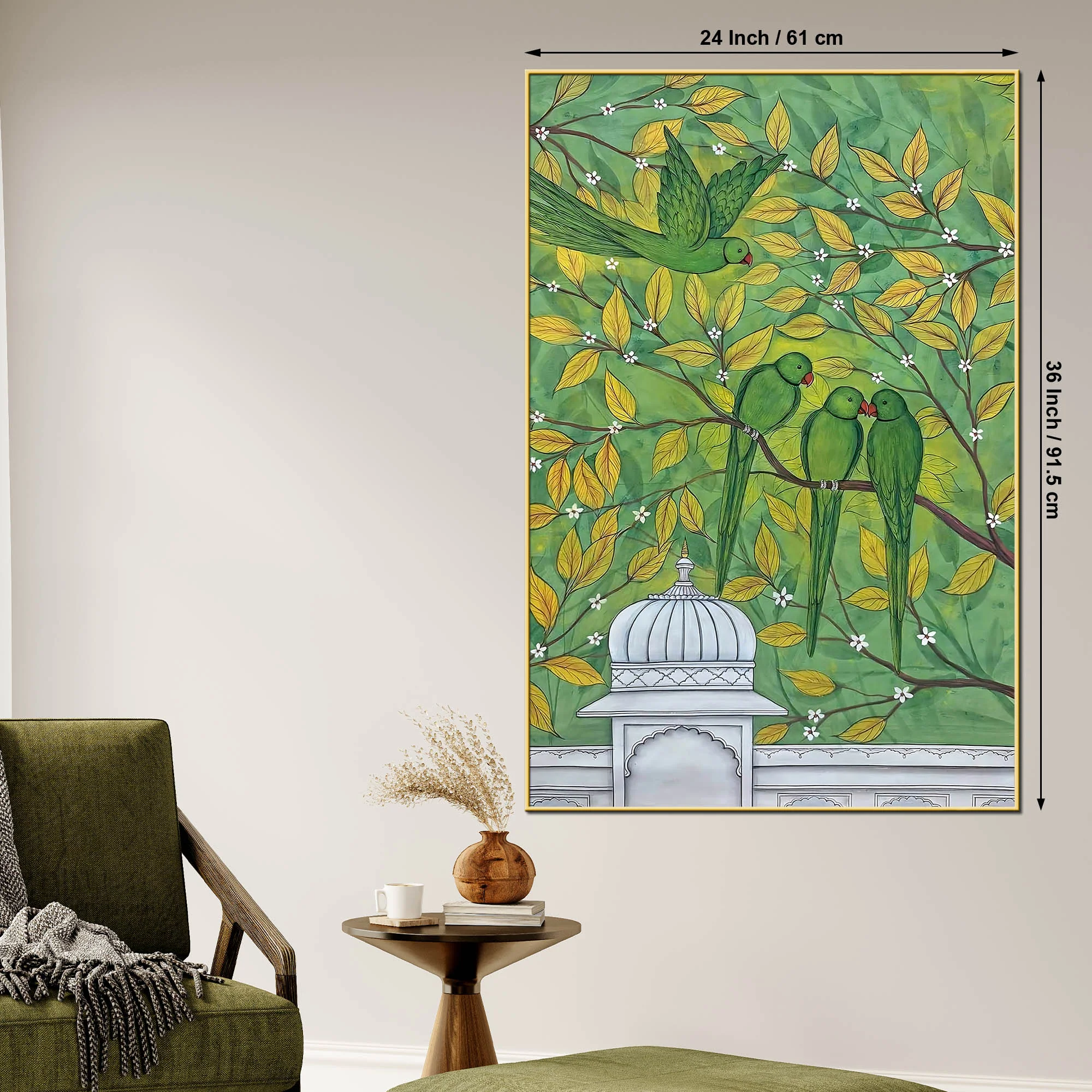 Adorable Green Parrots on Tree Branch Pichwai Style Canvas Wall Painting - Image 5