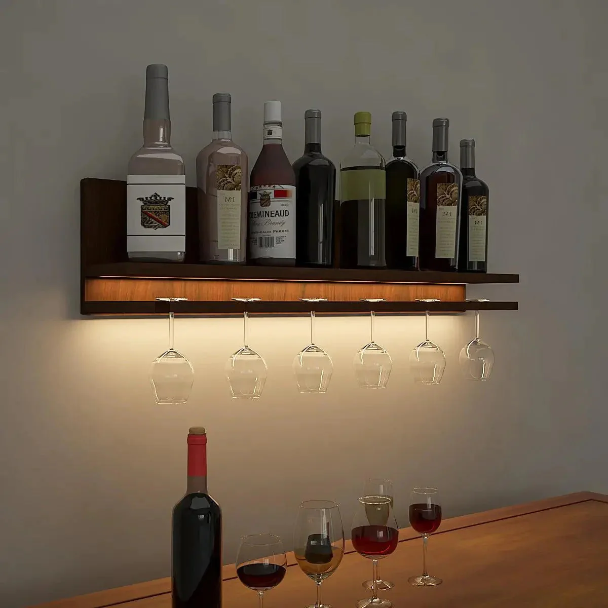 Aesthetic Backlit Look MDF Mini Bar Shelf in Walnut Finish - Image 3