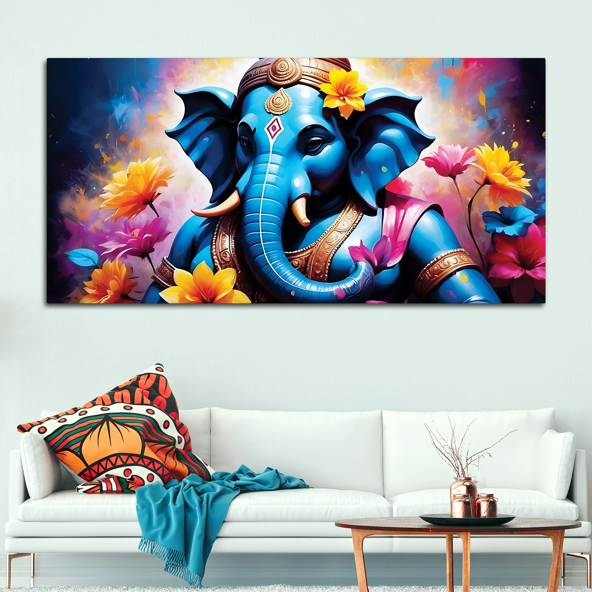 Aesthetic Blue Lord Ganesha with Floral Accents Canvas Wall Painting for Home & Office Decor – Modern Devotional Wall Art - Image 2