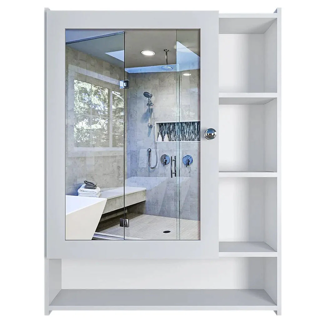 Aesthetic Design Spacious Wooden Bathroom Mirror Cabinet with 6 Shelves with White Finish - Image 4