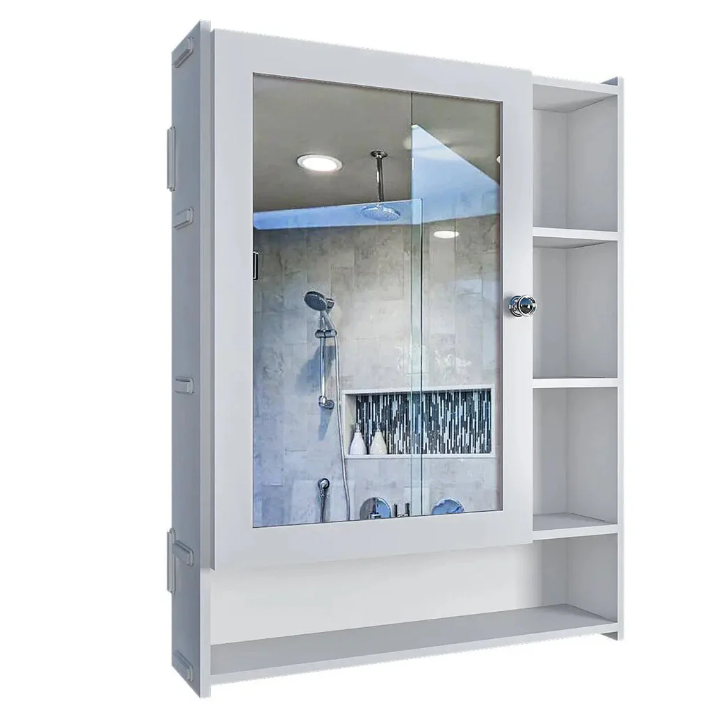 Aesthetic Design Spacious Wooden Bathroom Mirror Cabinet with 6 Shelves with White Finish - Image 5