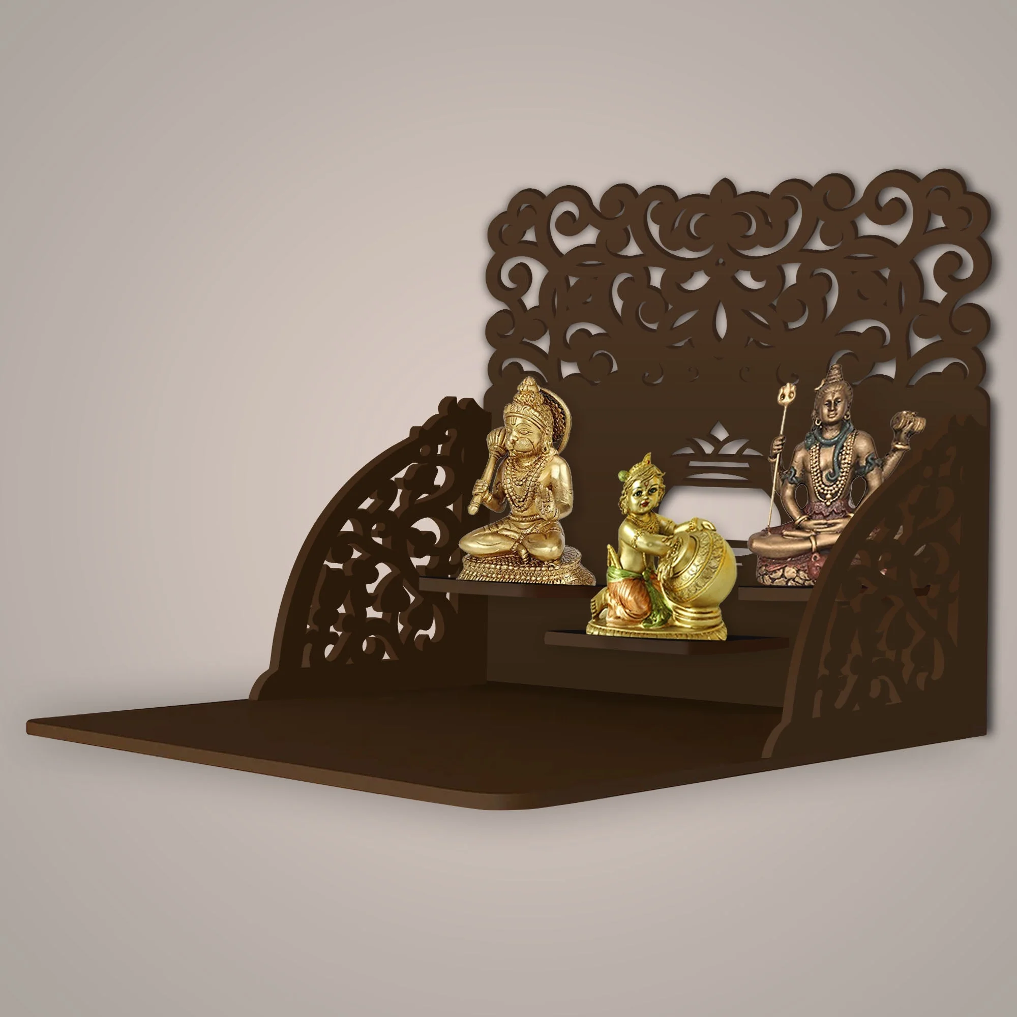 Aesthetic Designer Art Wall Hanging Wooden Temple/ Pooja Mandir Design with Shelf, Brown Color - Image 2