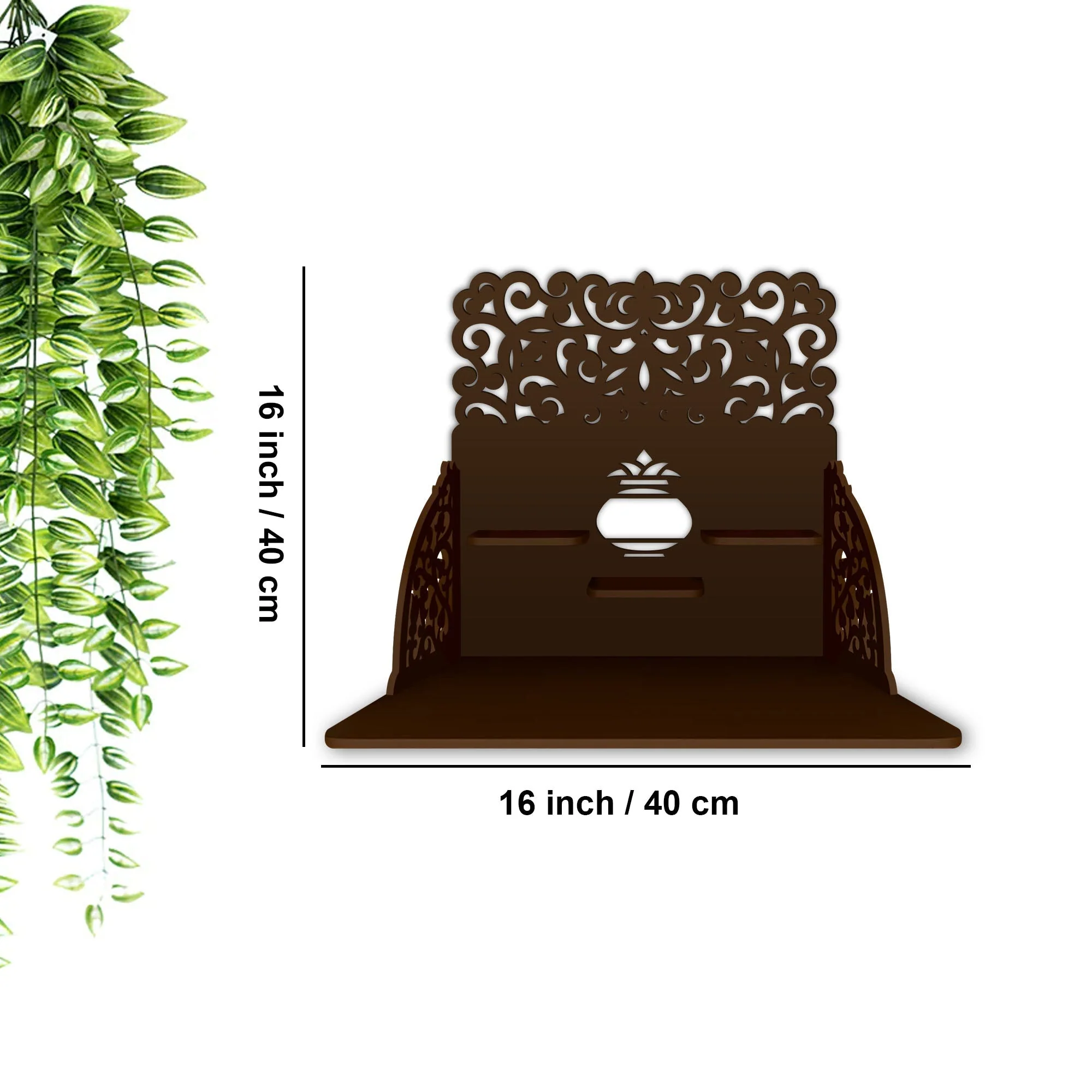 Aesthetic Designer Art Wall Hanging Wooden Temple/ Pooja Mandir Design with Shelf, Brown Color - Image 3