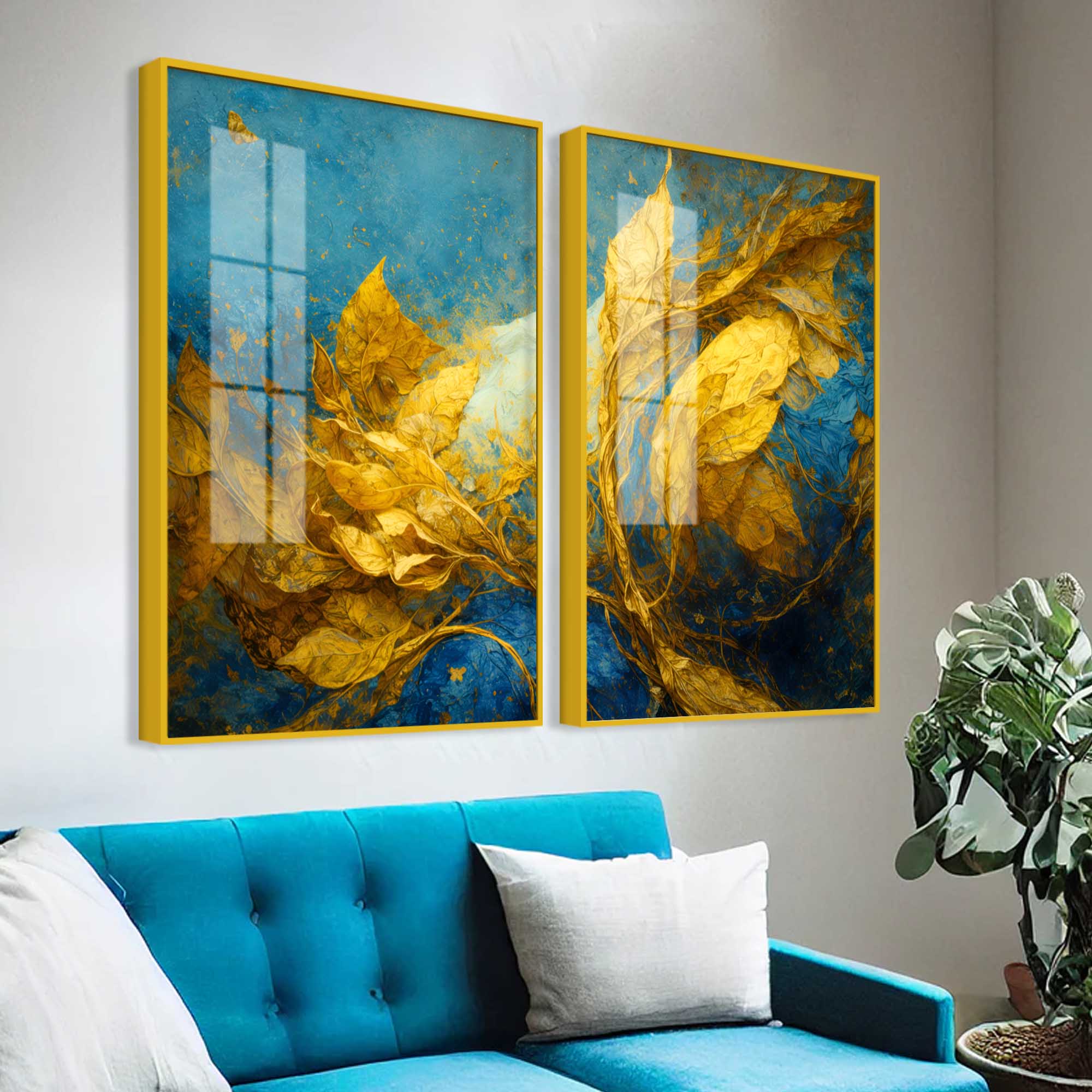 Aesthetic Golden Leaf Premium Abstract Acrylic Floating Wall Painting Set of 2 - Image 3
