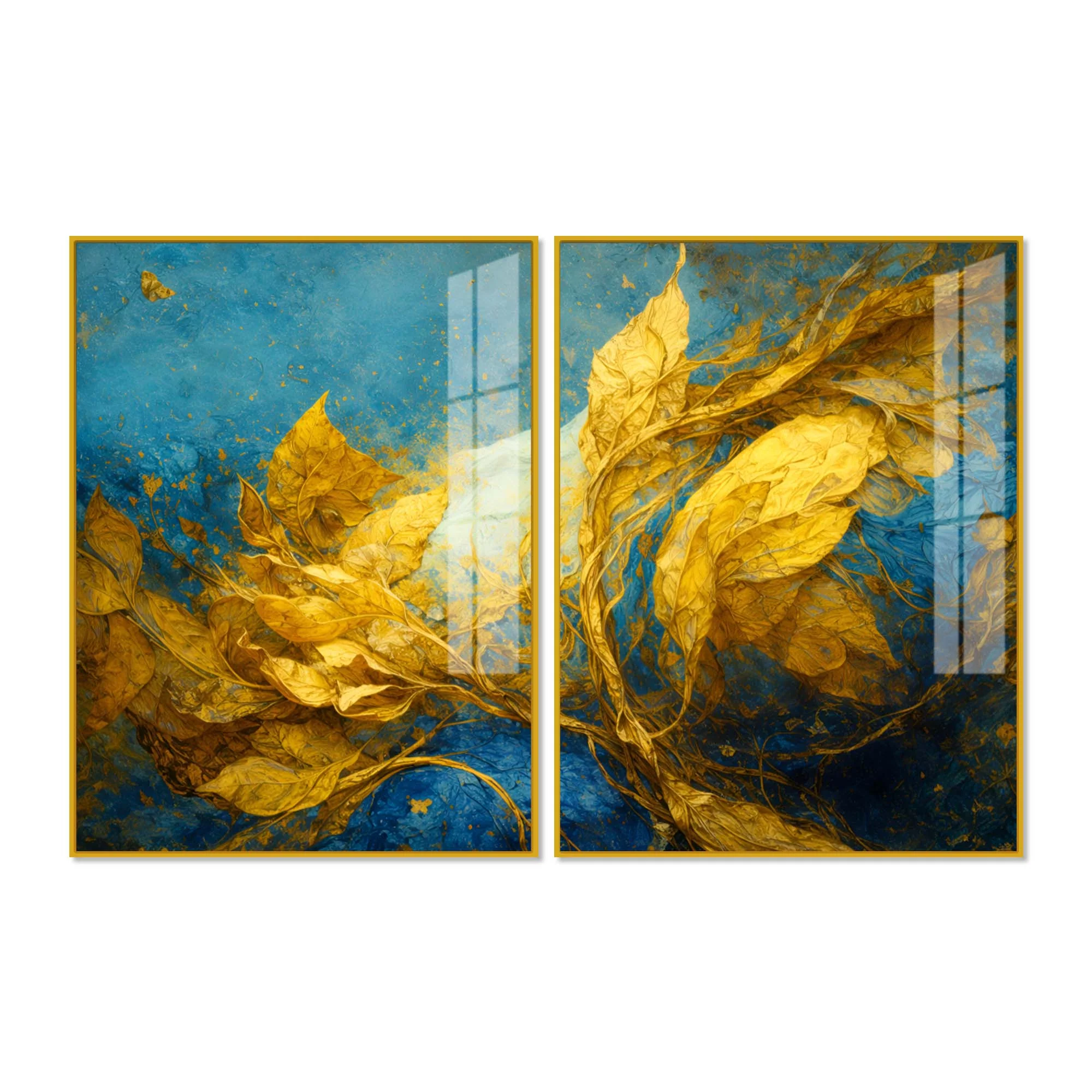 Aesthetic Golden Leaf Premium Abstract Acrylic Floating Wall Painting Set of 2 - Image 4