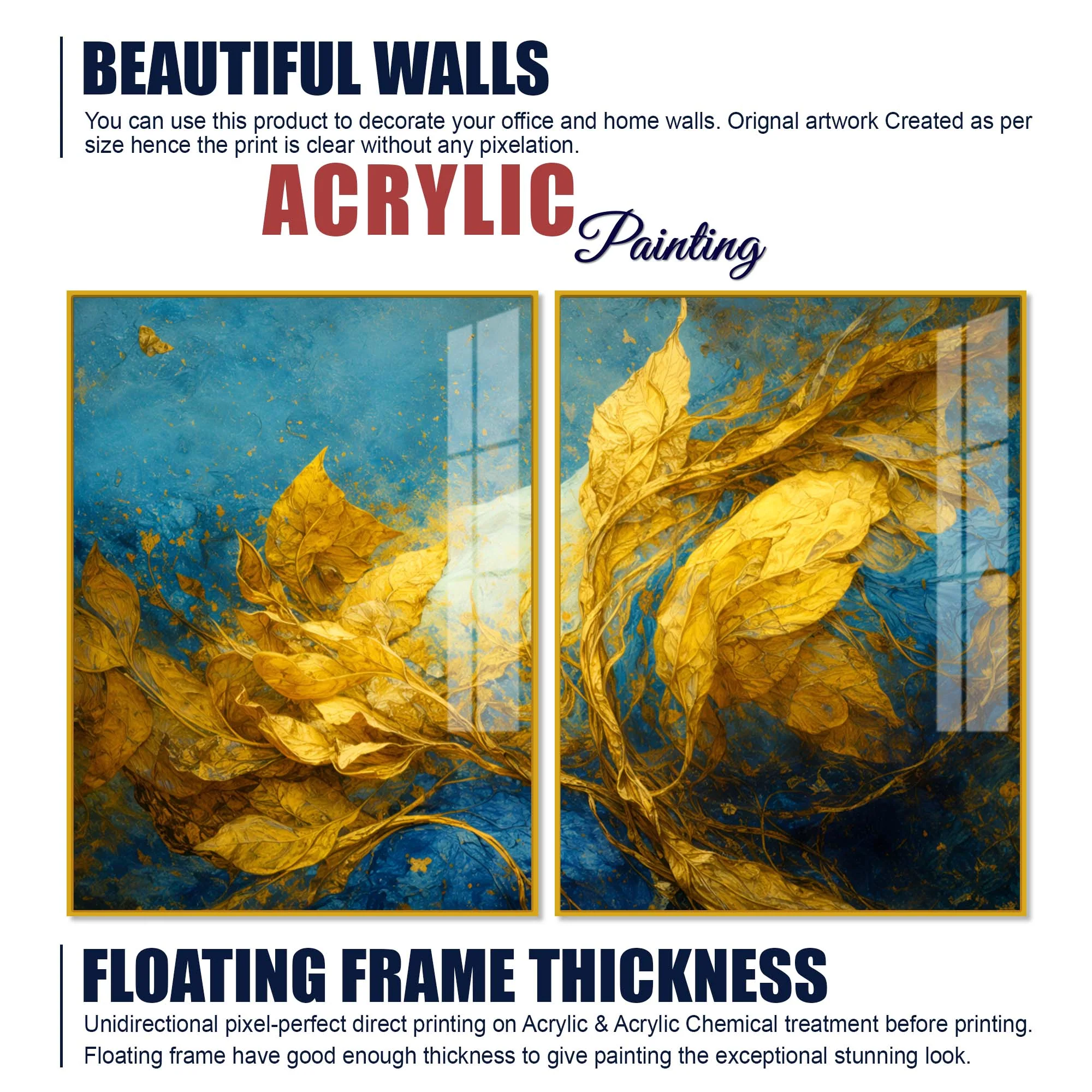 Aesthetic Golden Leaf Premium Abstract Acrylic Floating Wall Painting Set of 2 - Image 6
