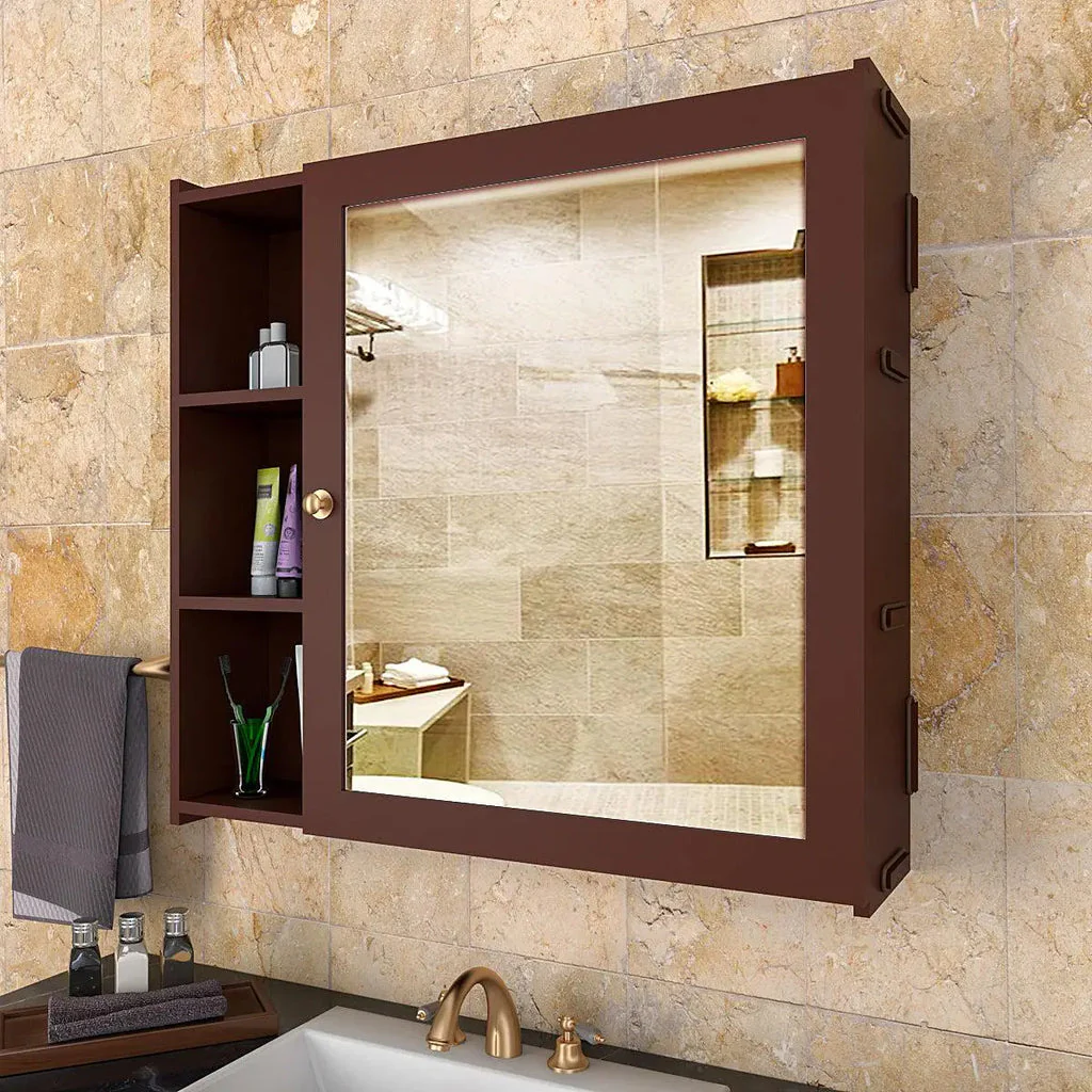 Aesthetic Modern Style Wooden Bathroom Cabinet Mirror With 5 Spacious Shelves Brown Finish - Image 3