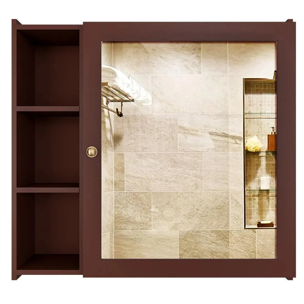 Aesthetic Modern Style Wooden Bathroom Cabinet Mirror With 5 Spacious Shelves Brown Finish - Image 4