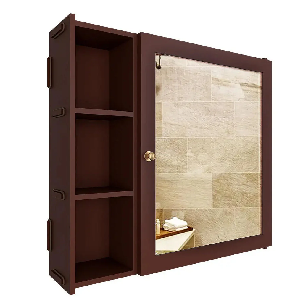Aesthetic Modern Style Wooden Bathroom Cabinet Mirror With 5 Spacious Shelves Brown Finish - Image 5