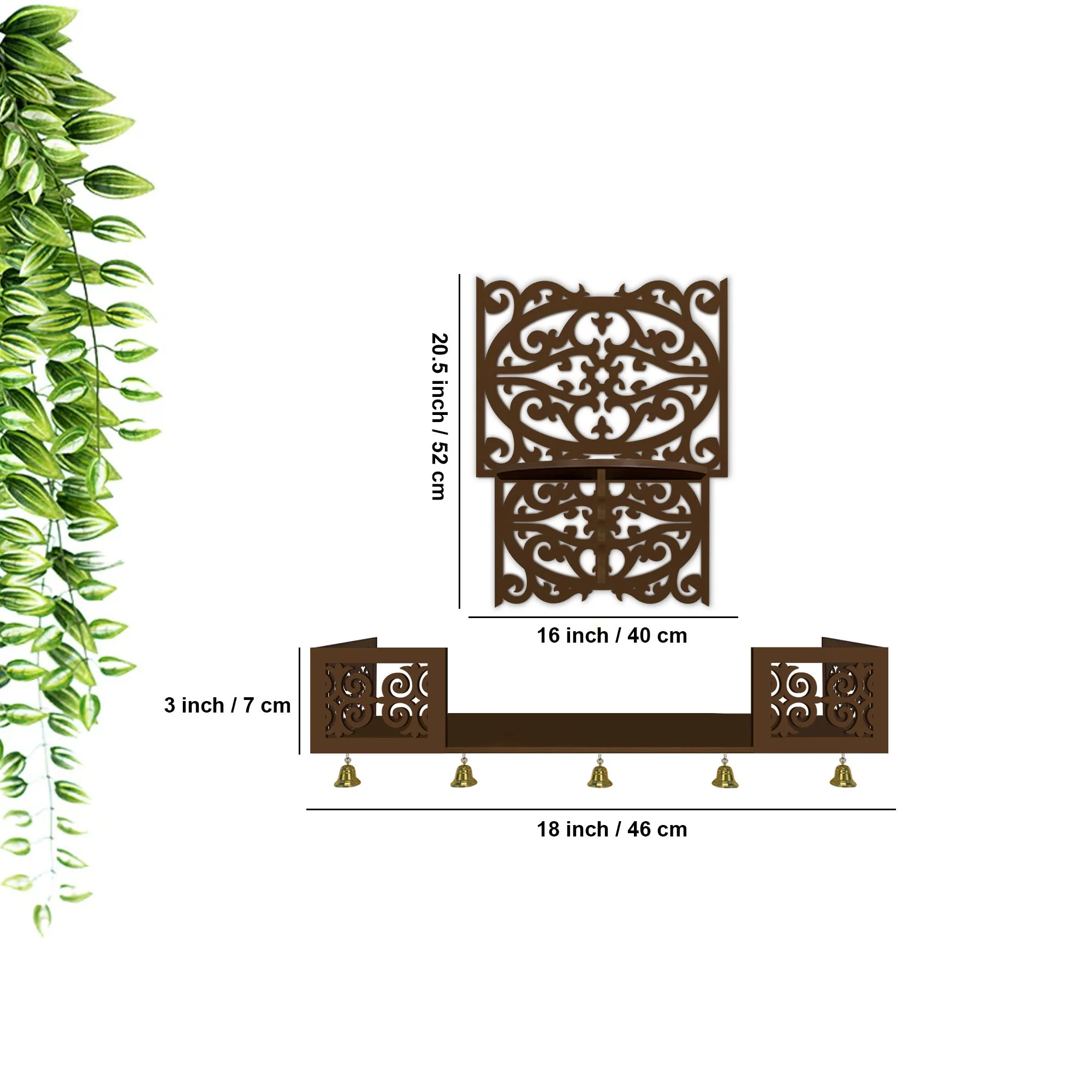 Aesthetic Pattern Designer Square Shaped Wall Hanging Wooden Temple/ Pooja Mandir Design with Shelf, Brown Color - Image 3