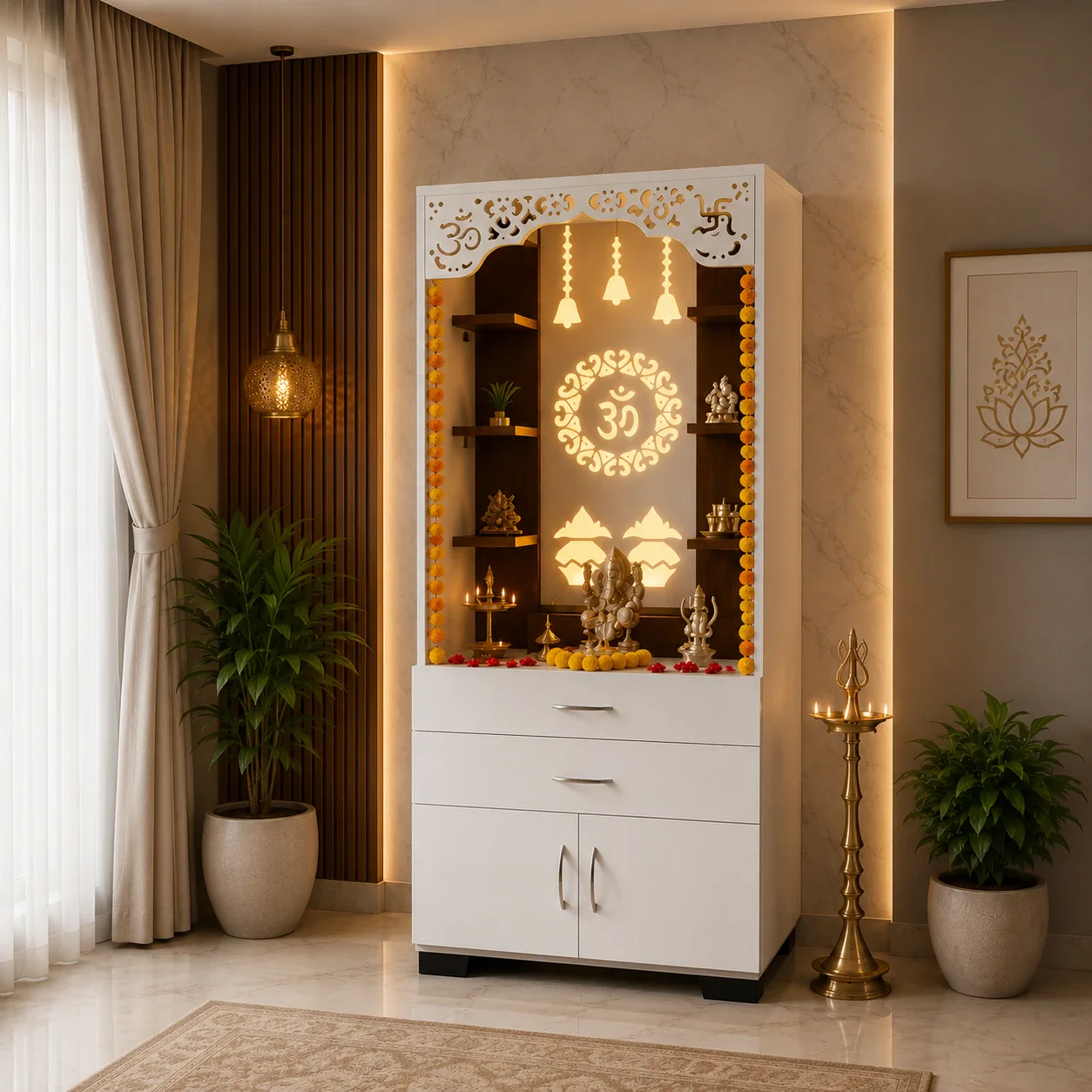 Aesthetic White Finish Wooden Floor Temple with Om LED Back Panel & Spacious Drawer Storage Cabinet for Home & Office