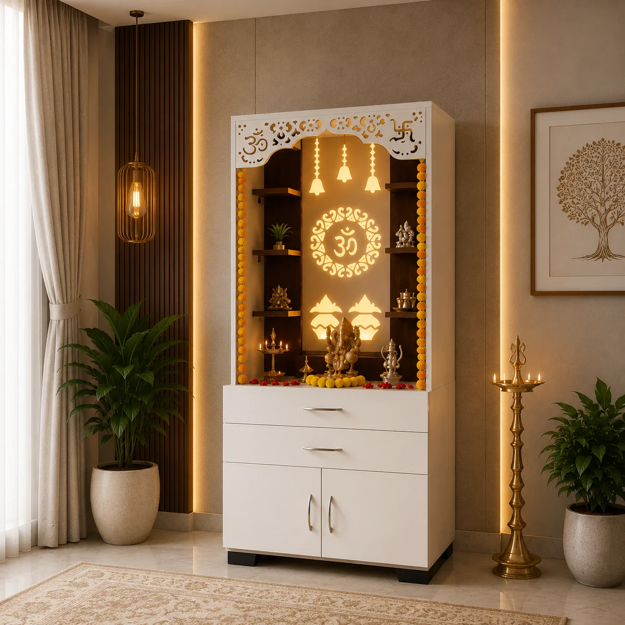 Aesthetic White Finish Wooden Floor Temple with Om LED Back Panel & Spacious Drawer Storage Cabinet for Home & Office - Image 2