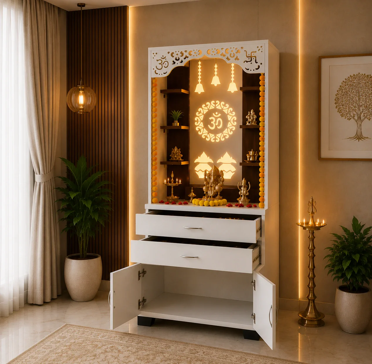 Aesthetic White Finish Wooden Floor Temple with Om LED Back Panel & Spacious Drawer Storage Cabinet for Home & Office - Image 3