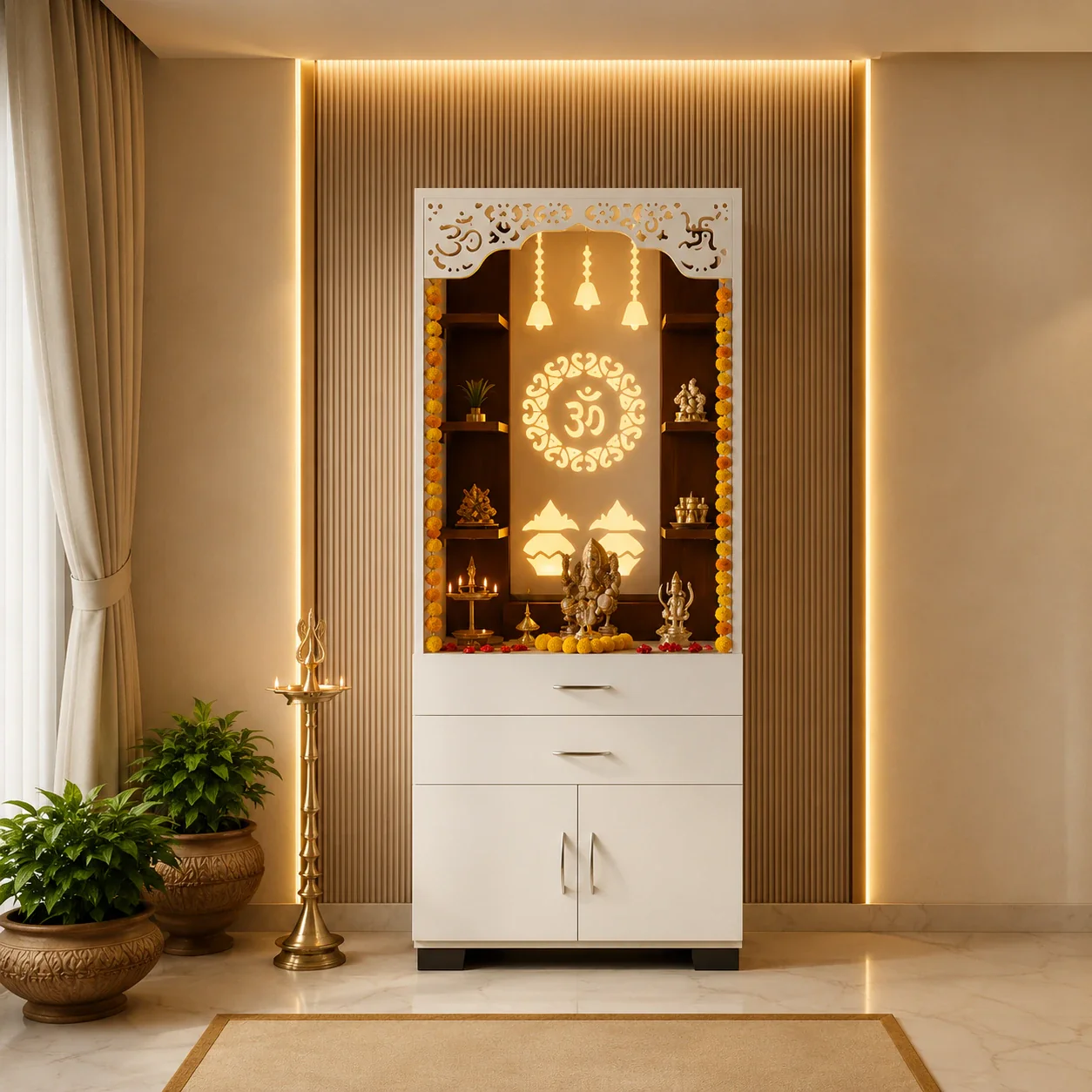 Aesthetic White Finish Wooden Floor Temple with Om LED Back Panel & Spacious Drawer Storage Cabinet for Home & Office - Image 4