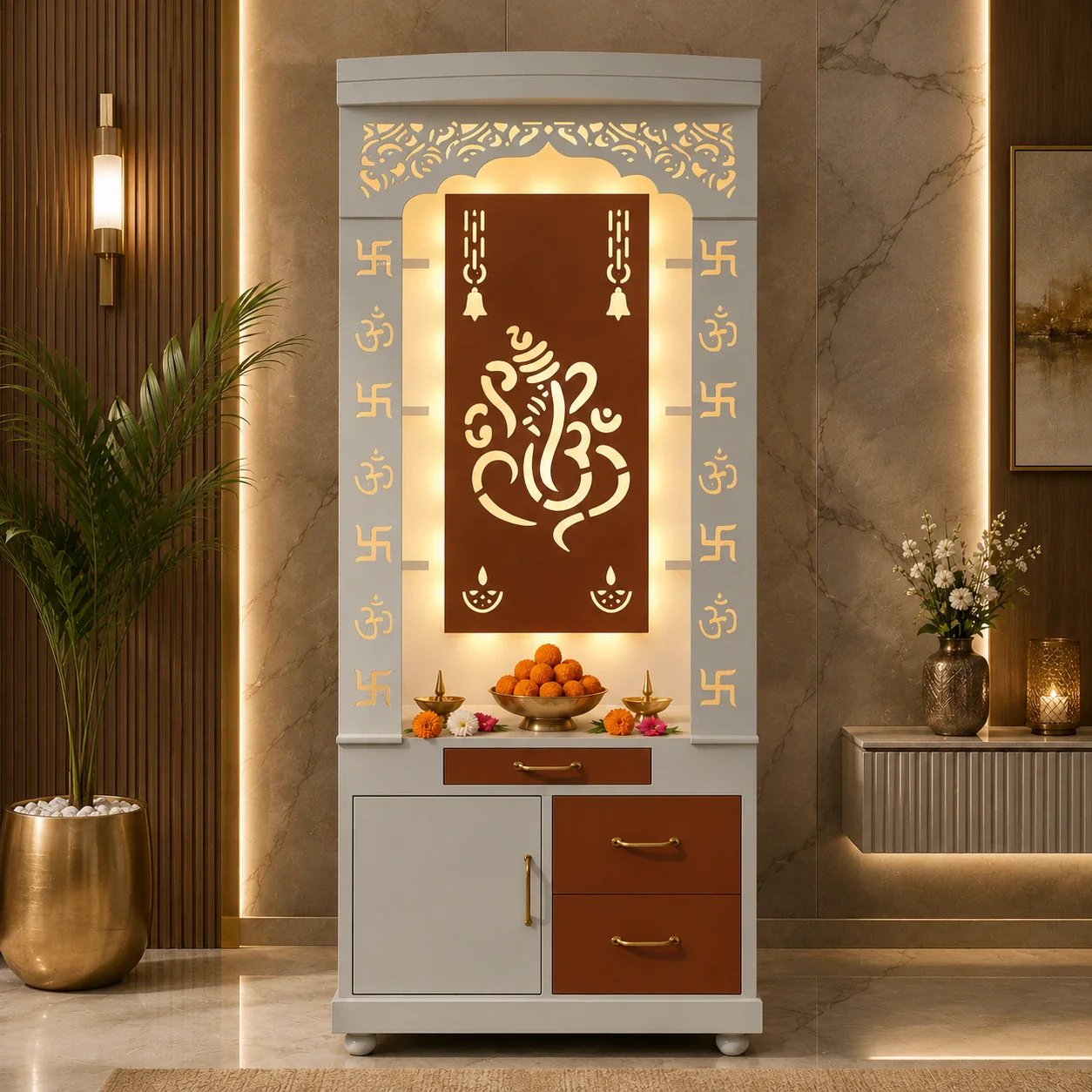 Aesthetic White Finish Wooden Floor Temple with Shri Ganeshji LED Back Panel & Spacious Drawer Storage Cabinet for Home & Office - Image 2