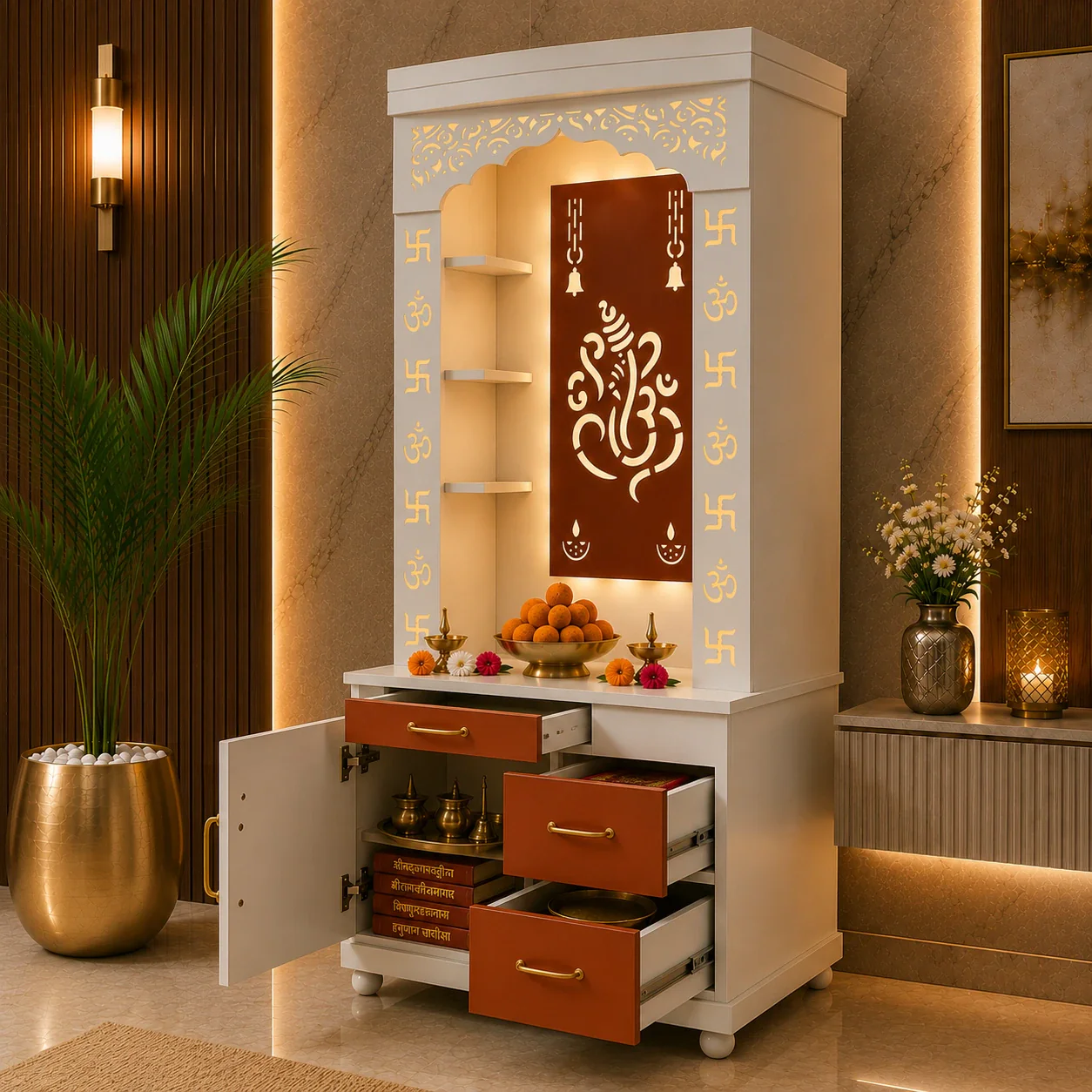 Aesthetic White Finish Wooden Floor Temple with Shri Ganeshji LED Back Panel & Spacious Drawer Storage Cabinet for Home & Office - Image 3