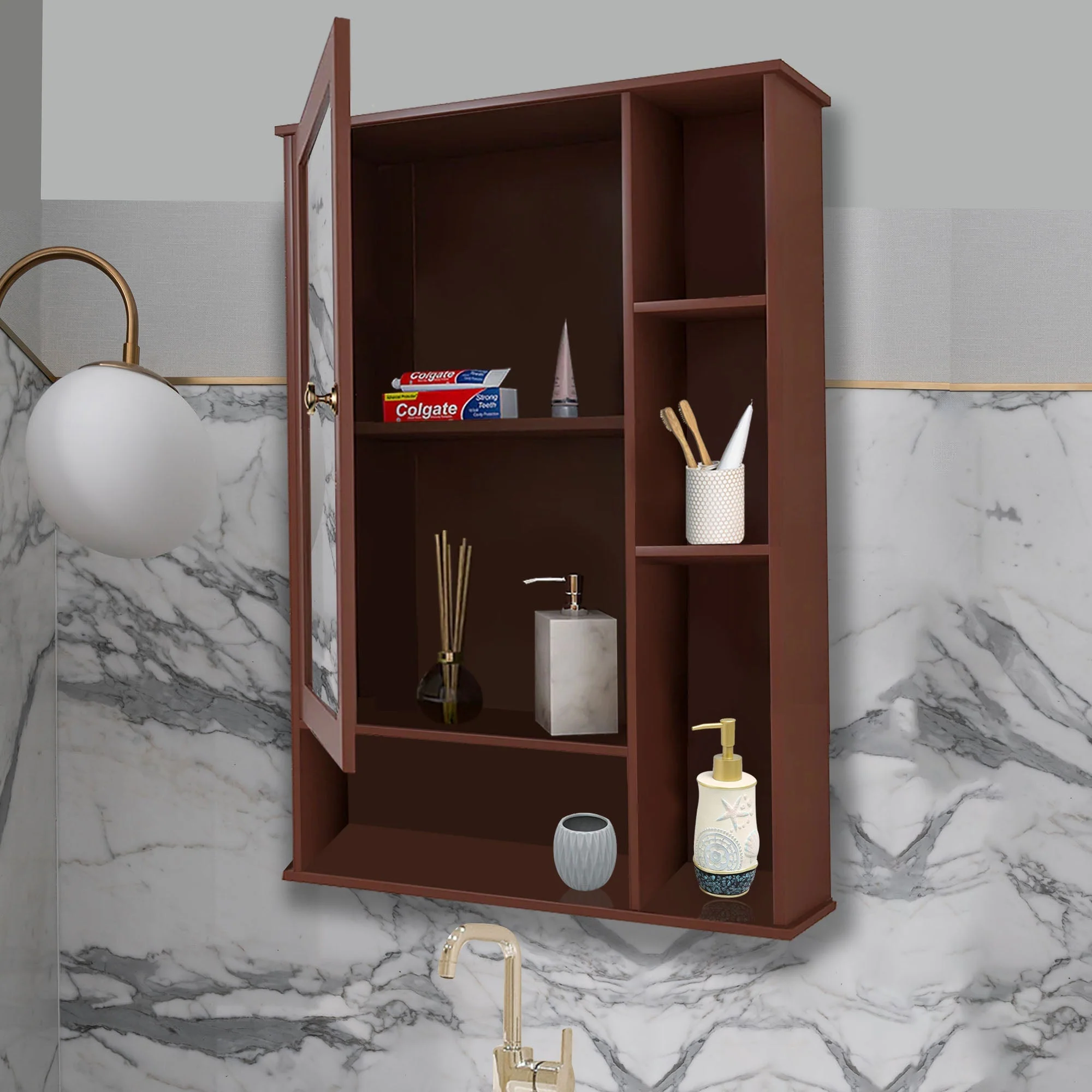 Aesthetic Wooden Bathroom Cabinet Mirror with 6 Spacious Shelves Finish Solid Brown - Image 3