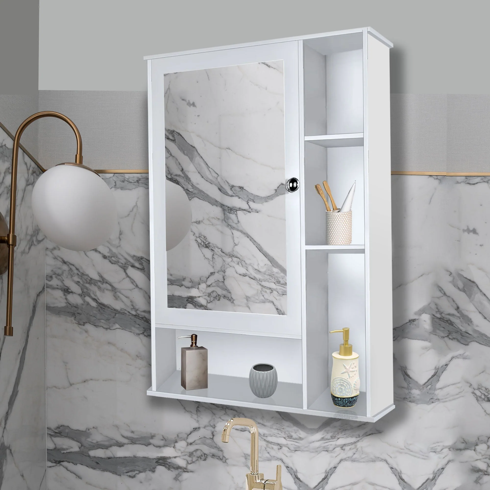 Aesthetic Wooden Bathroom Cabinet Mirror with 6 Spacious Shelves with White Finish - Image 2