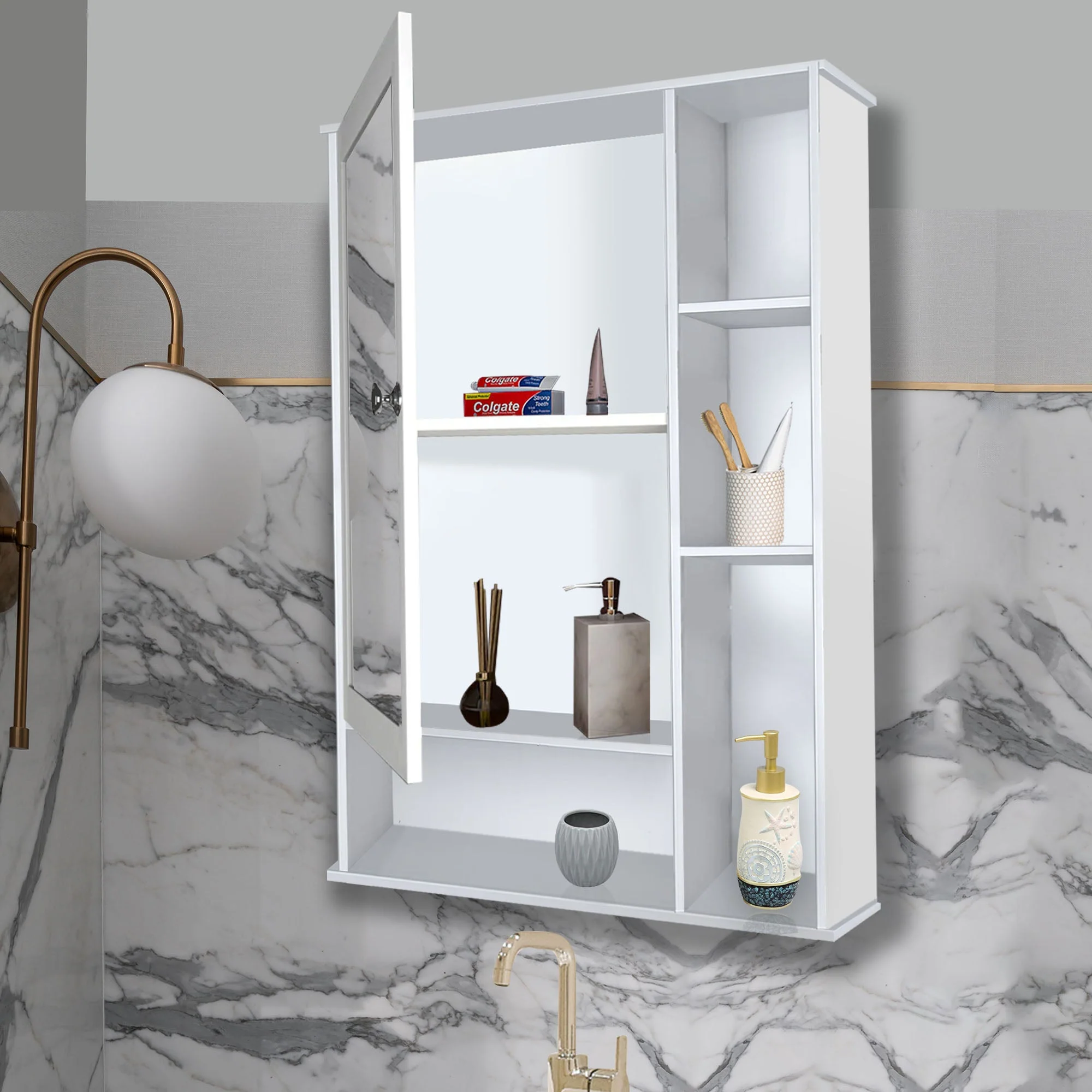 Aesthetic Wooden Bathroom Cabinet Mirror with 6 Spacious Shelves with White Finish - Image 3