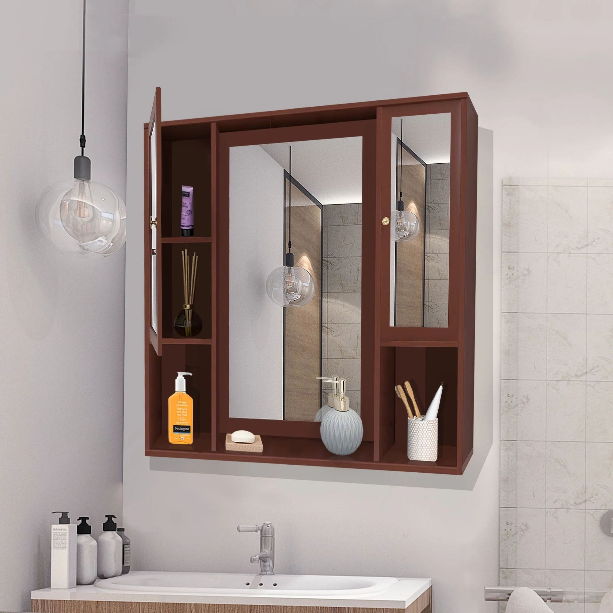 Aesthetic Wooden Bathroom Cabinet Mirror with 7 Spacious Shelves Finish Solid Brown - Image 3