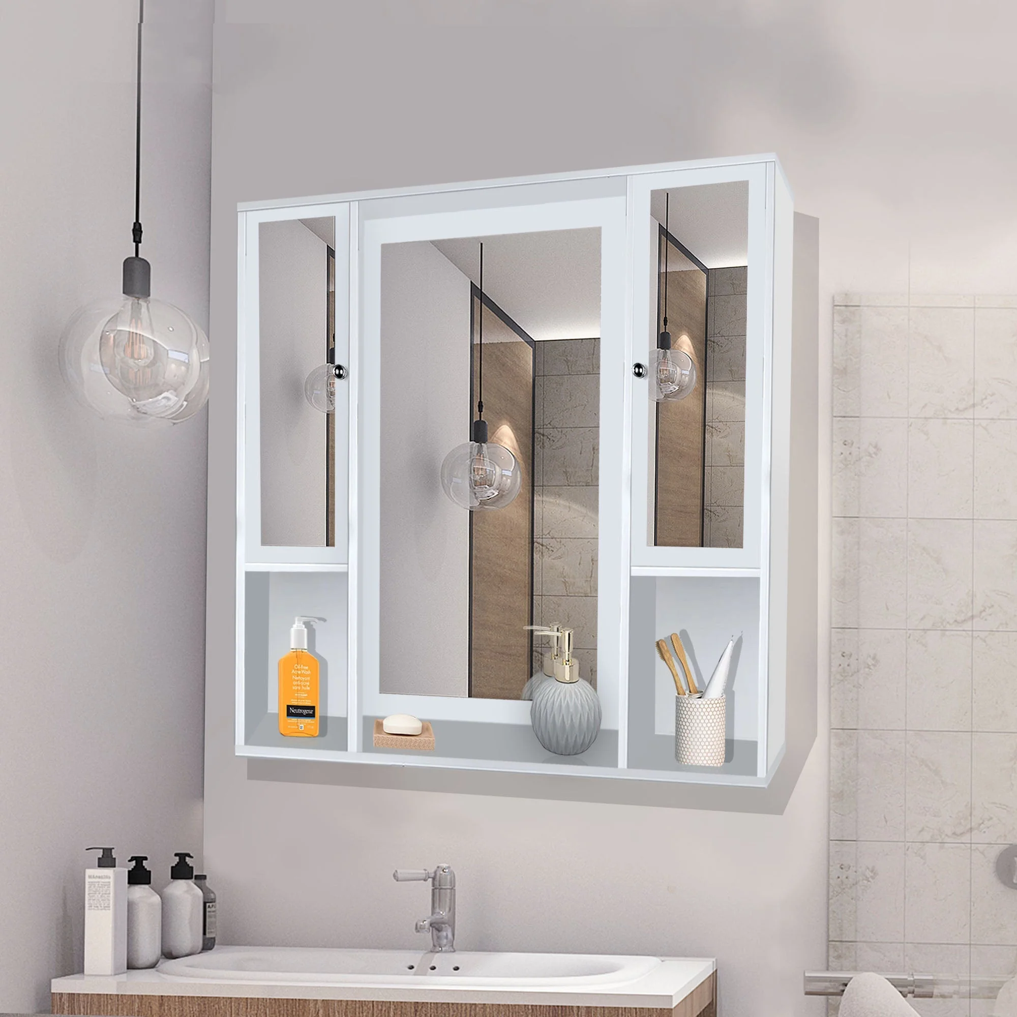 Aesthetic Wooden Bathroom Cabinet Mirror with 7 Spacious Shelves with White Finish - Image 2