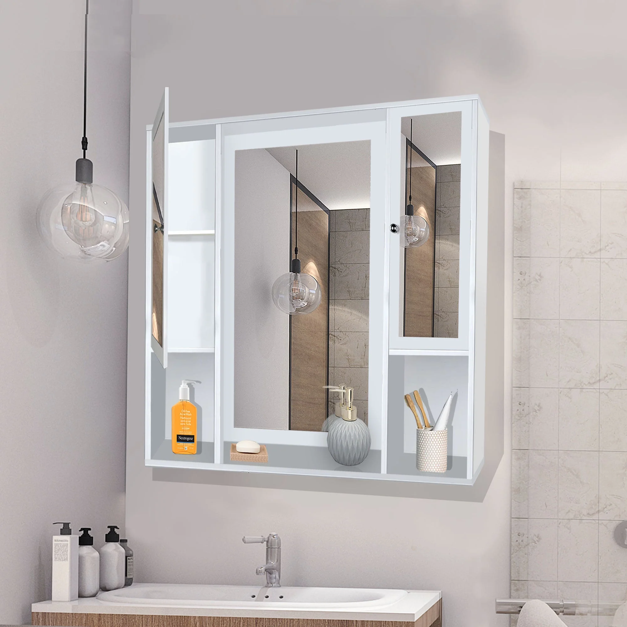 Aesthetic Wooden Bathroom Cabinet Mirror with 7 Spacious Shelves with White Finish - Image 3