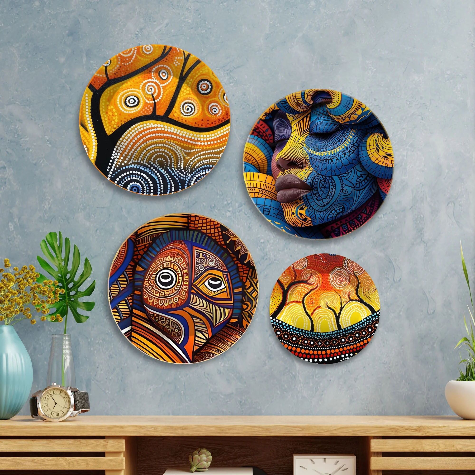 African Tribal Art Premium Wall Plates Painting Set of Four - Image 2