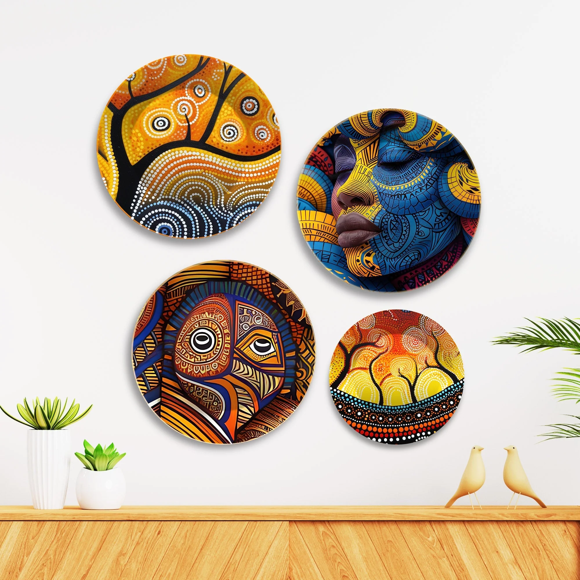 African Tribal Art Premium Wall Plates Painting Set of Four - Image 3