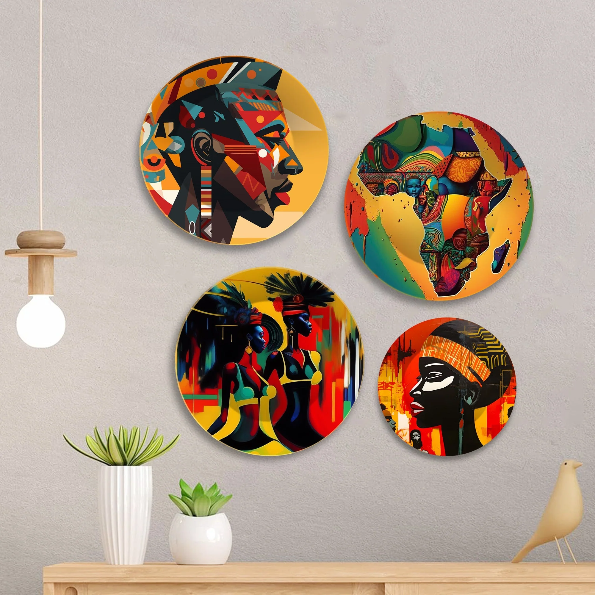 African Tribal Art Wall Plates Painting Set of Four - Image 2