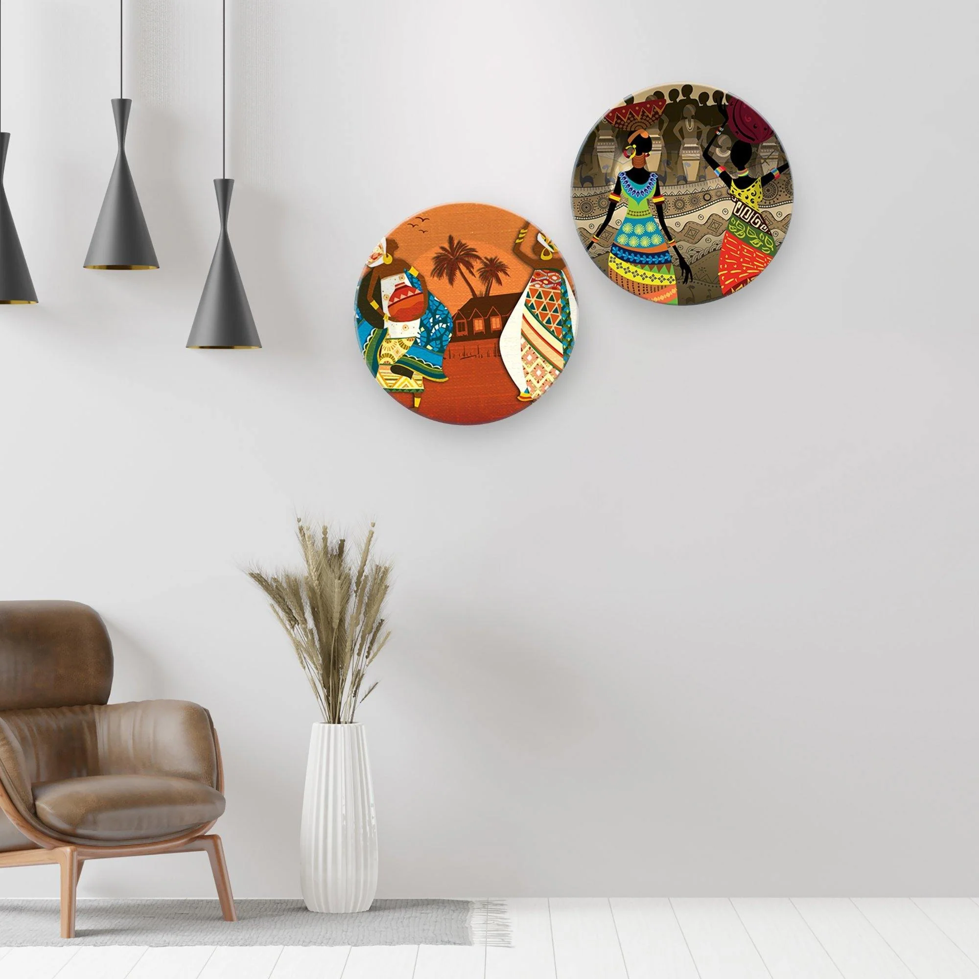 African Warli Art Painting 2 Pieces Ceramic Hanging Wall Plates - Image 2