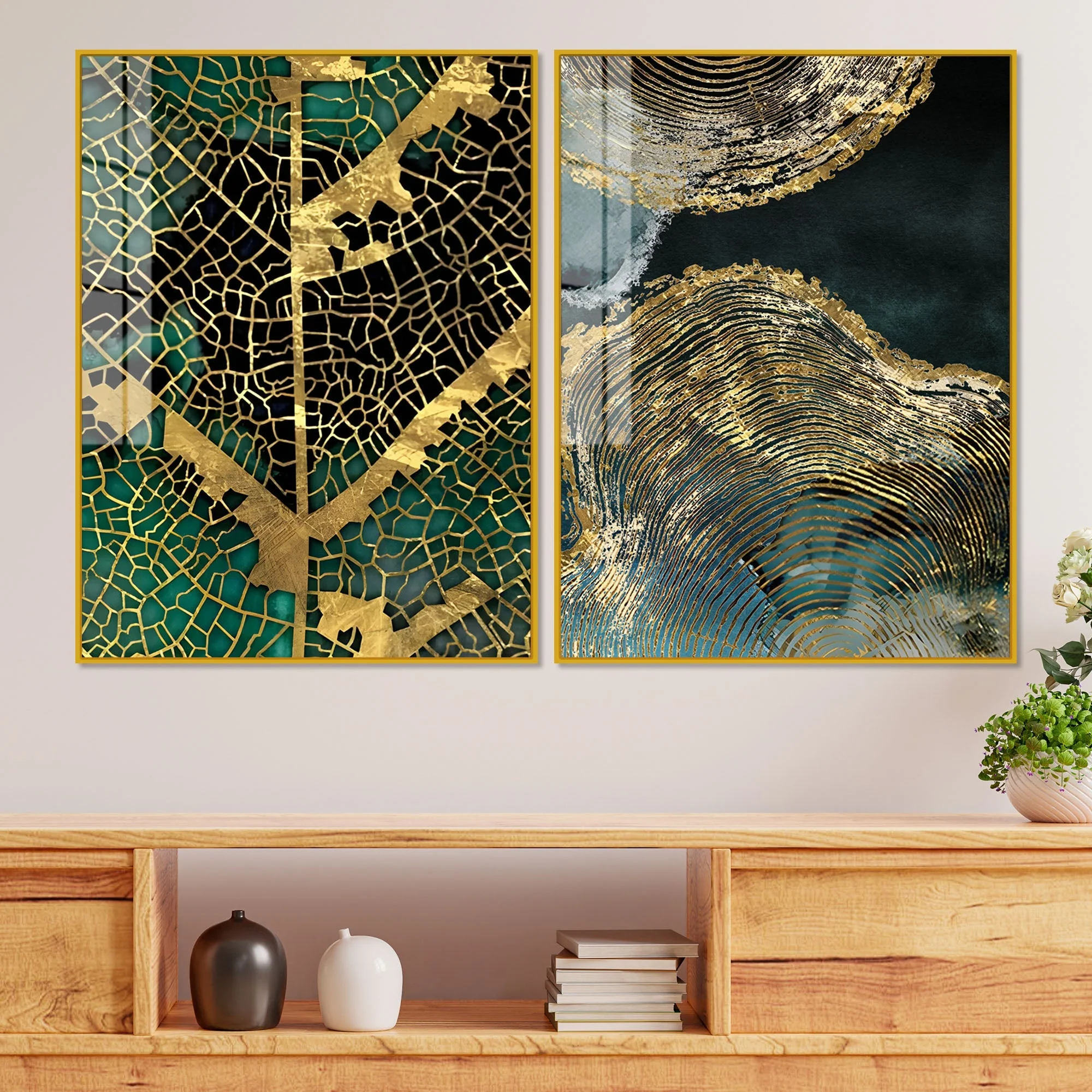 Amazing Golden Pattern Acrylic Floating Wall Painting Set of 2 - Image 2