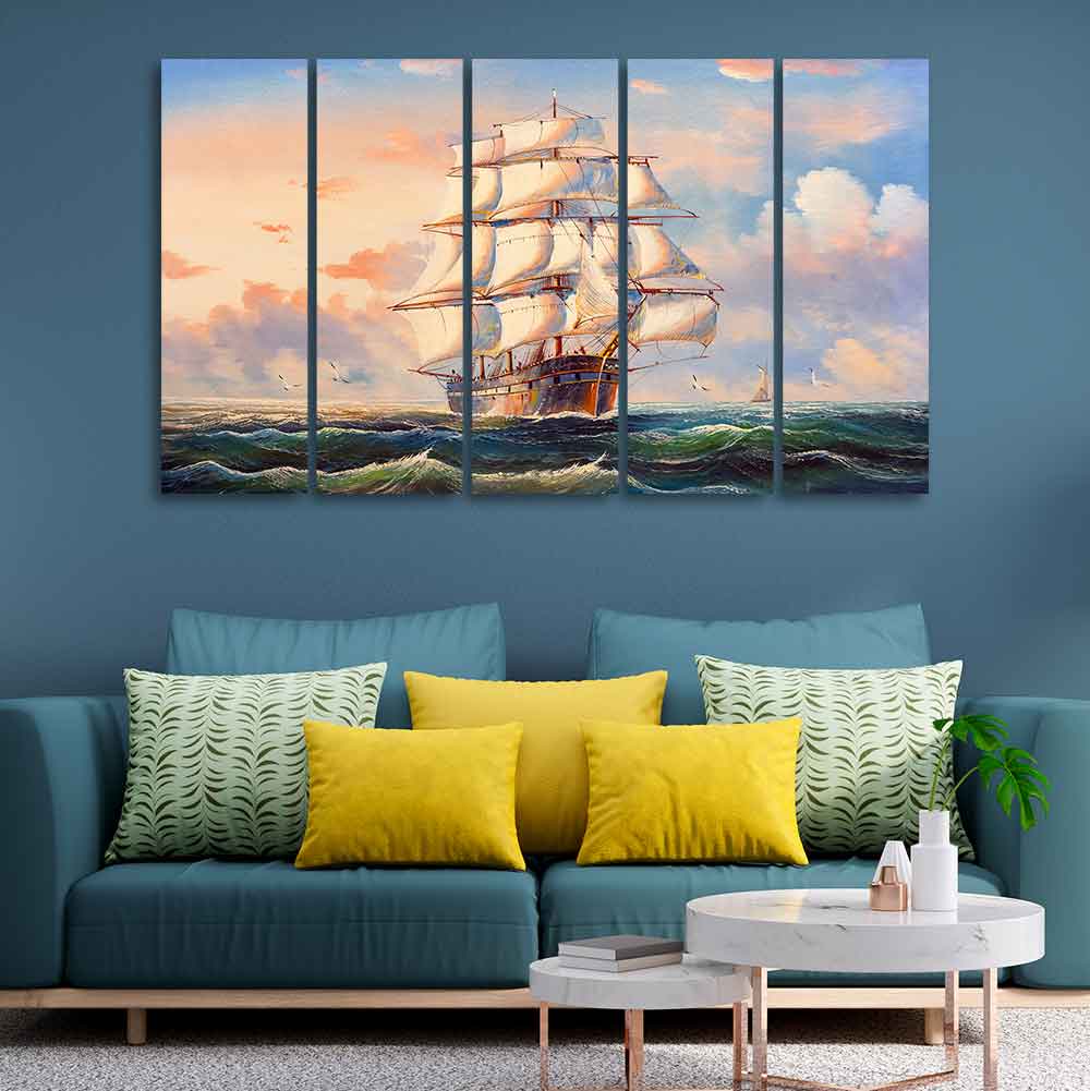 Amazing Sailing Ship Wall Painting of Five Pieces - Image 2