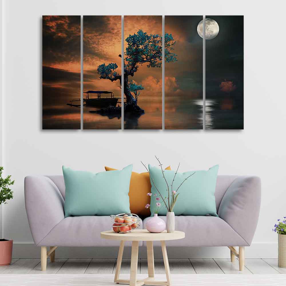 Amazing Tree under The Moon Premium Wall Painting of Five Pieces - Image 3