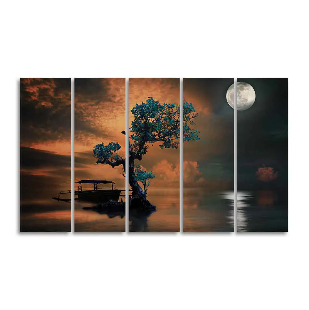 Amazing Tree under The Moon Premium Wall Painting of Five Pieces - Image 4
