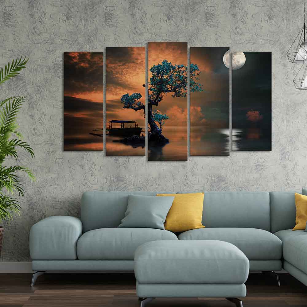 Amazing Tree Under The Moon Premium Wall Painting Set of 5 Pieces - Image 2